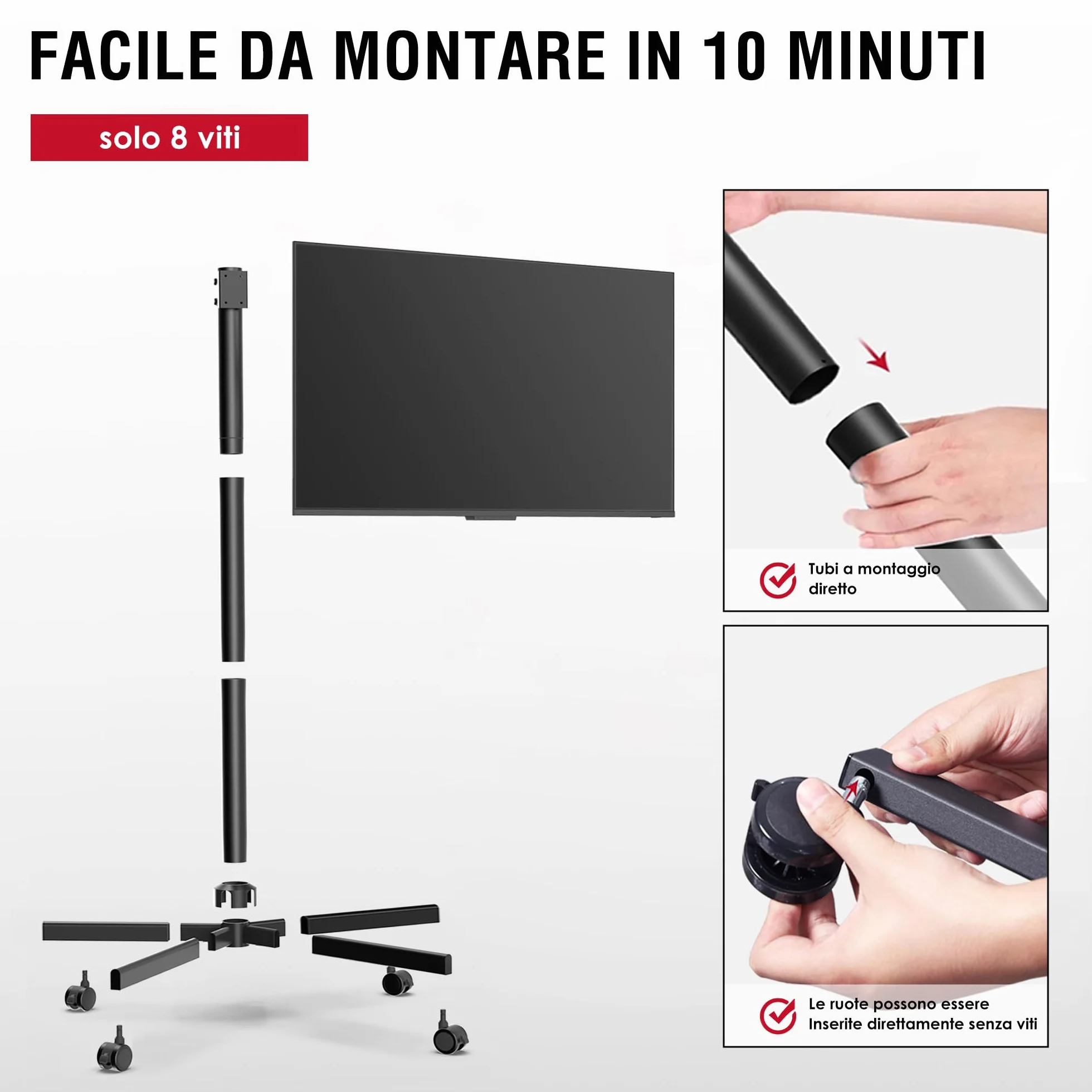 AOKCOS Carrello Porta TV 32-65 Cali, Supporto TV da Pavimento Regolabile, Inclinabile, VESA 400x400mm 40kg