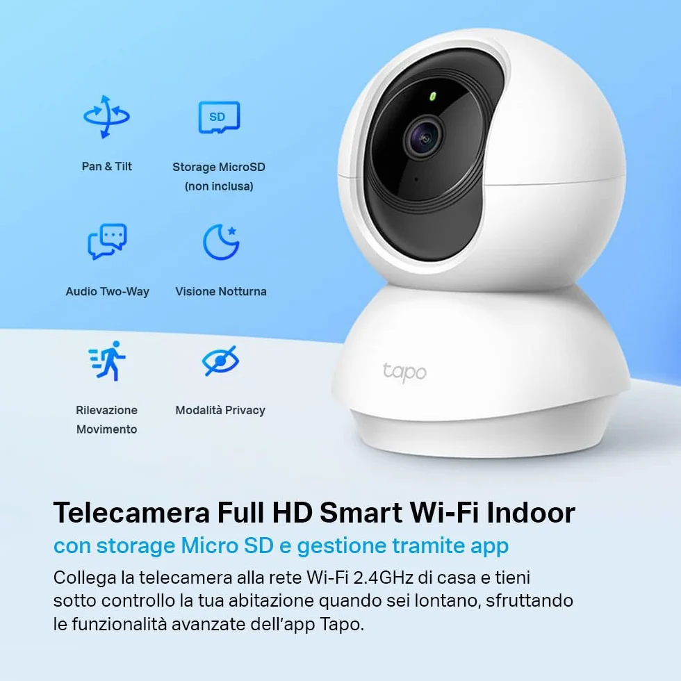 Tapo C200C Telecamera Wi-Fi Interno FHD, Videocamera Sorveglianza 360° Visione Notturna, Audio Bidirezionale, Rilevamento Movimento