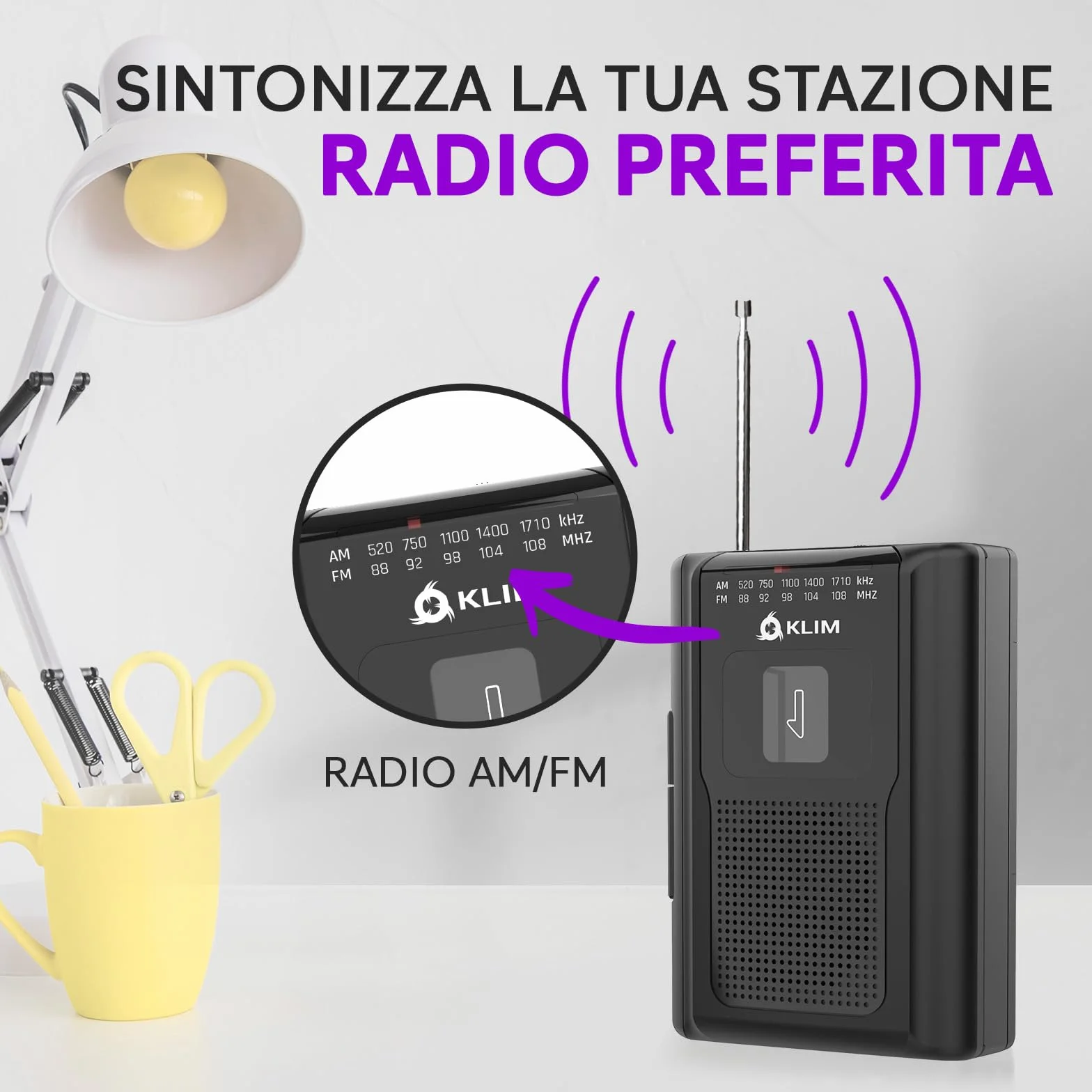 KLIM K8 Lettore Cassette Audio Registratore Cassette Radio AM/FM Microfono Altoparlante Integrato Nero