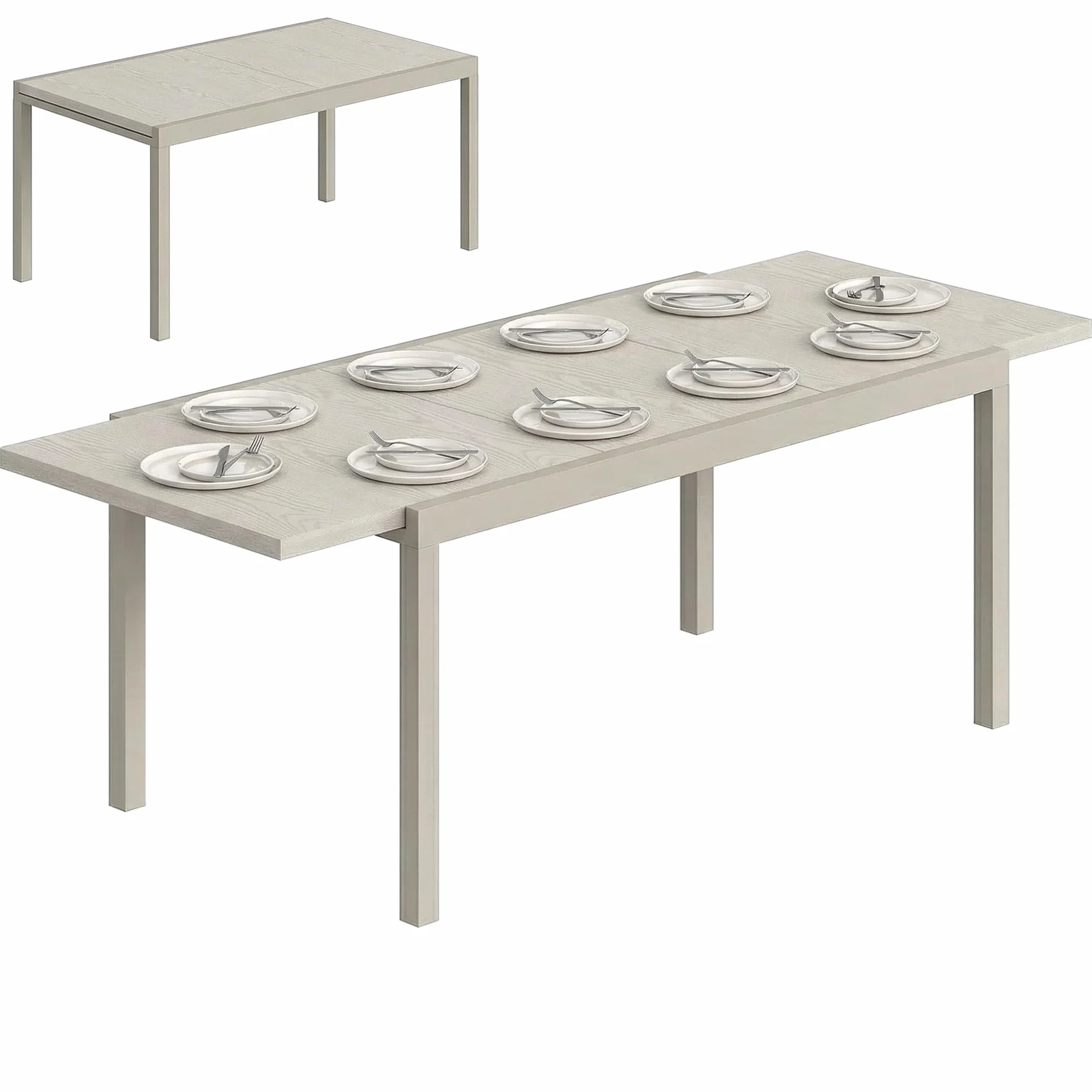 Outsunny Tavolo da Giardino Allungabile per 8-10 Persone, Piano Effetto Legno in Alluminio, Tavolo da Pranzo Estensibile per Esterno con Gambe in Acciaio, 154/214x85cm, Grigio Argento