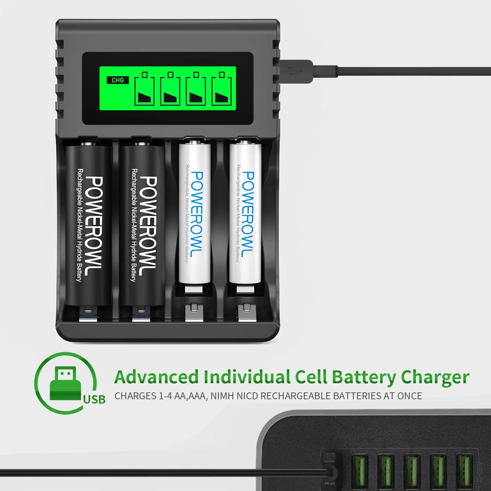 POWEROWL Caricabatterie Indipendente per AA AAA Ricaricabili Ni-MH USB Ricarica Rapida 4 Slot