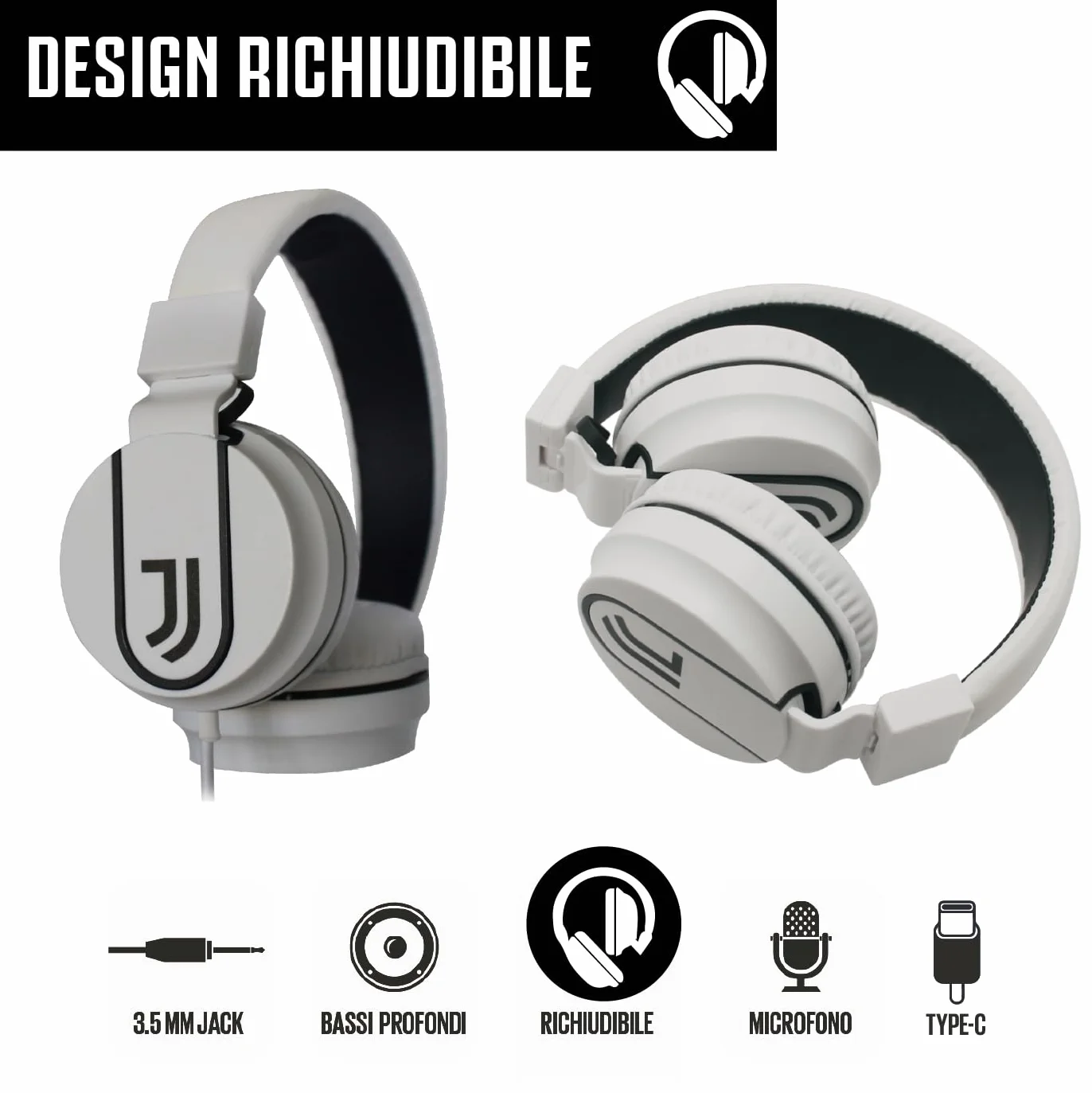 Juventus Football Cuffia On-Ear z mikrofonem, kabel aux, biało-czarna, adapter USB-C