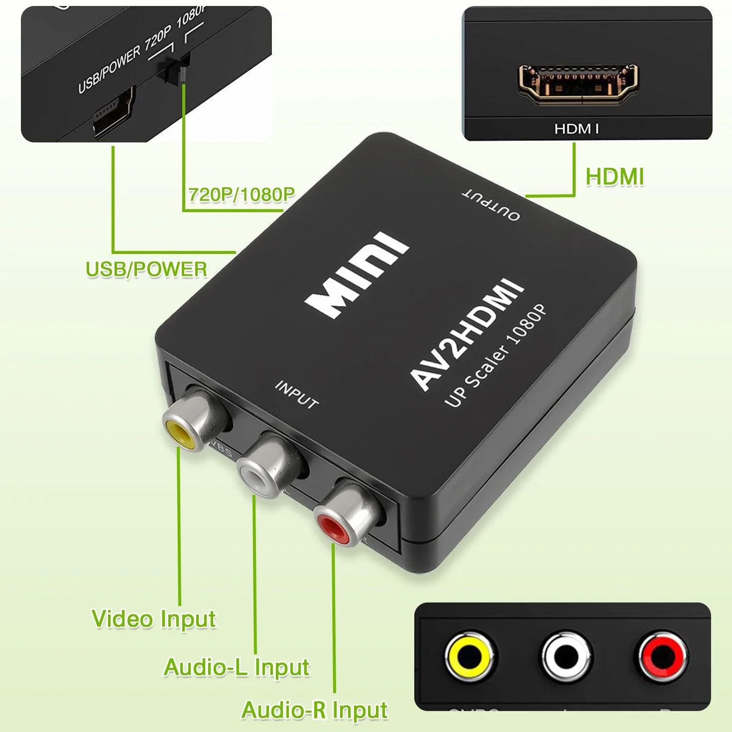 Konwerter RCA na HDMI 1080P Mini Composite CVBS Audio Video PAL/NTSC USB Czarny
