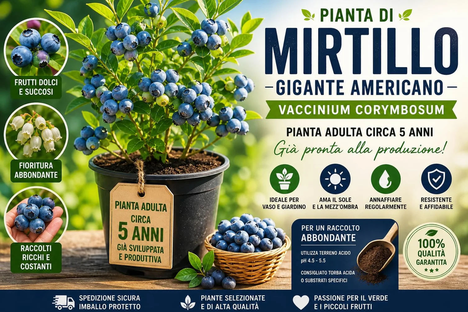 Pianta di Mirtillo Gigante Americano (Vaccinium corymbosum) – Pianta Adulta circa 5 Anni in Vaso – Varietà Produttiva – Ideale per Giardino e Balcone