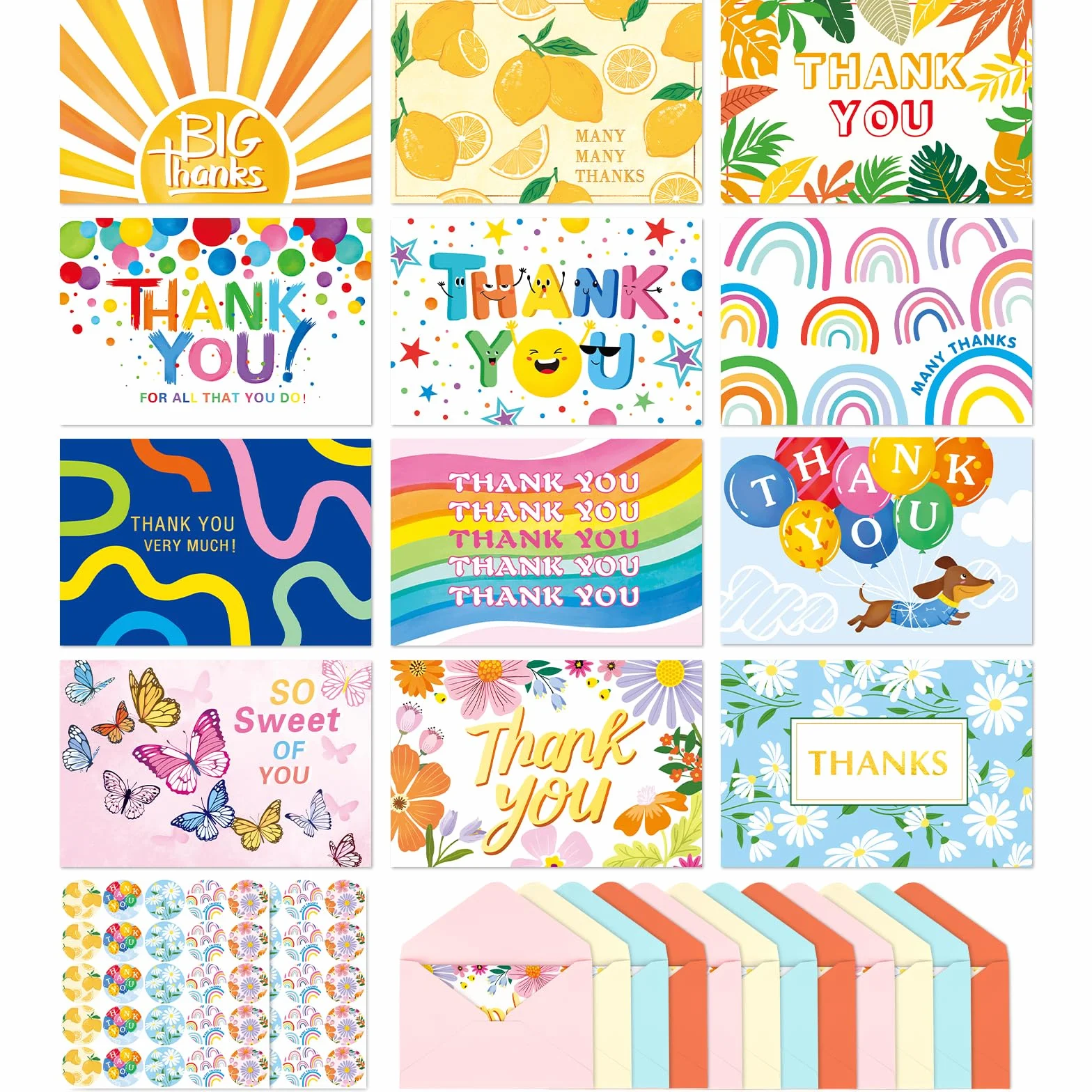 48 Pezzi Biglietti di Ringraziamento in Assortimento, 12 Design Unici con 50 Adesivi e 48 Buste, Carta 4x6in