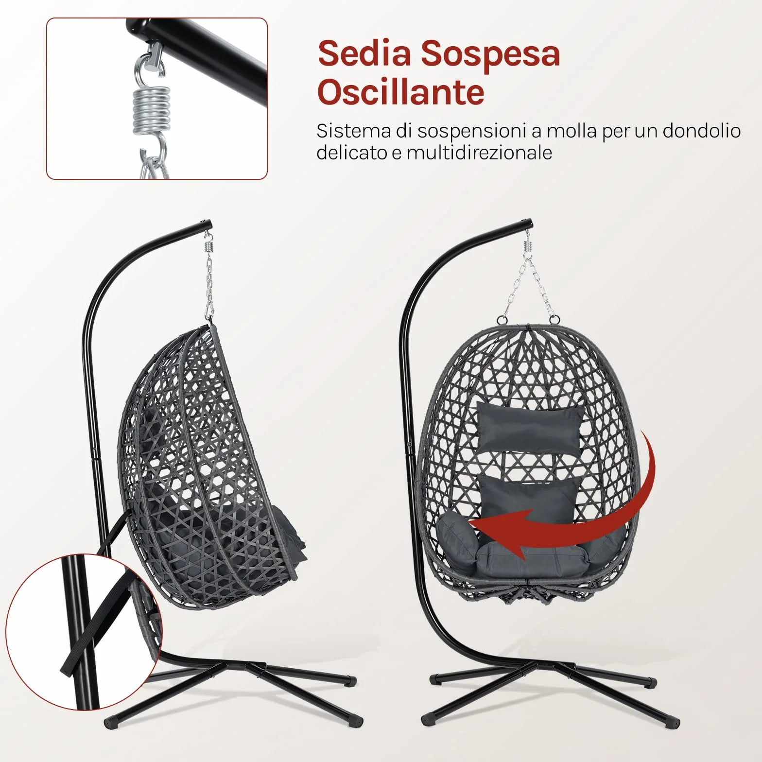 WOLTU Poltrona Sospesa a Uovo con Supporto in Metallo, Cuscino e Poggiatesta, Rattan PE, 102x100x196 cm, Grigio