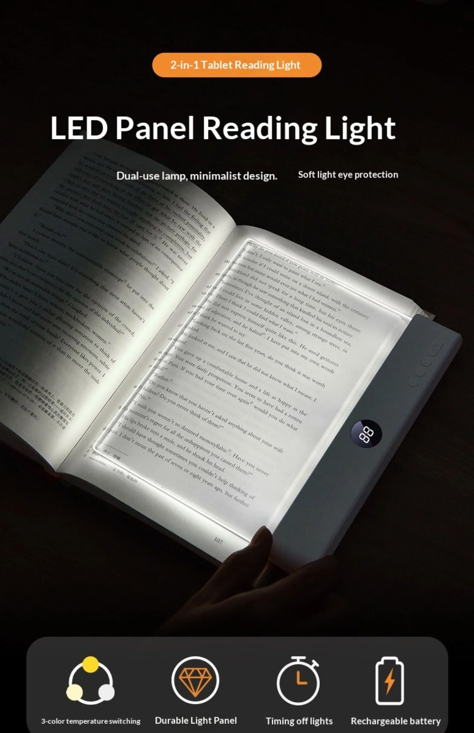 Lampada Da Lettura LED con 3 Colori, Timer, Luce Regolabile e Ricaricabile