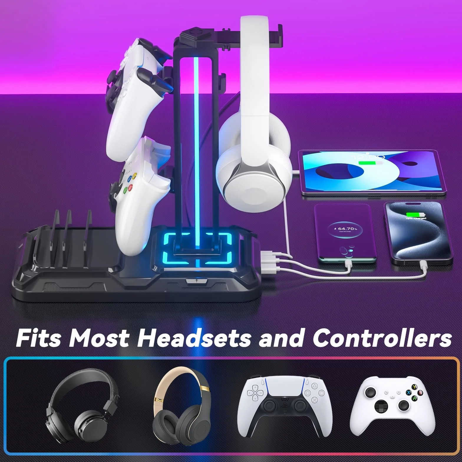 KDD Porta Cuffie da Scrivania con Supporto Telefono, Stand Cuffie Gaming Nero, Porta Controller Staccabile 9 Modalità Illuminazione, USB