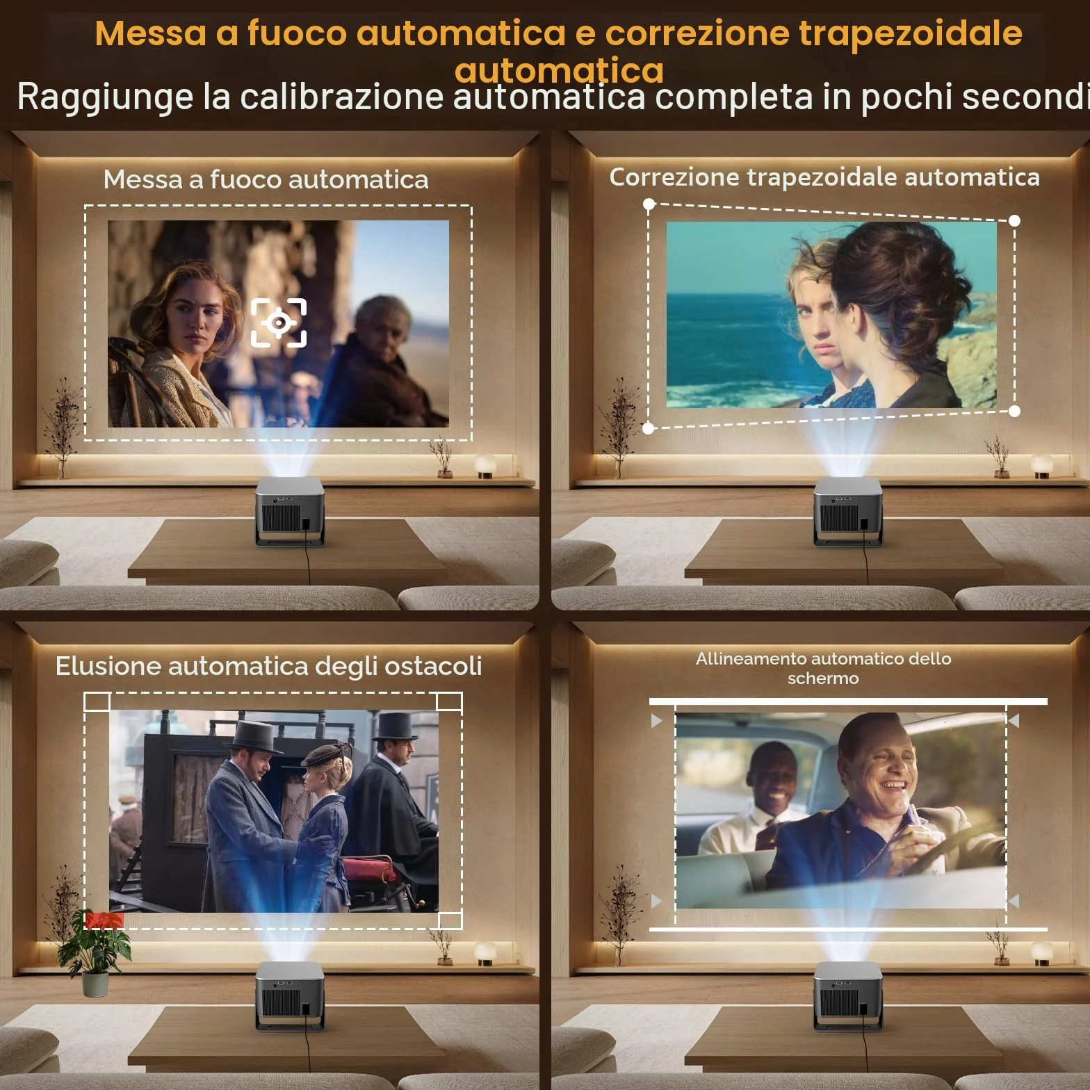 Proiettore 4K con Google TV, nativo Full HD 1080p, mini proiettore home theater, Bluetooth, WiFi, messa a fuoco automatica, correzione trapezoidale 6D