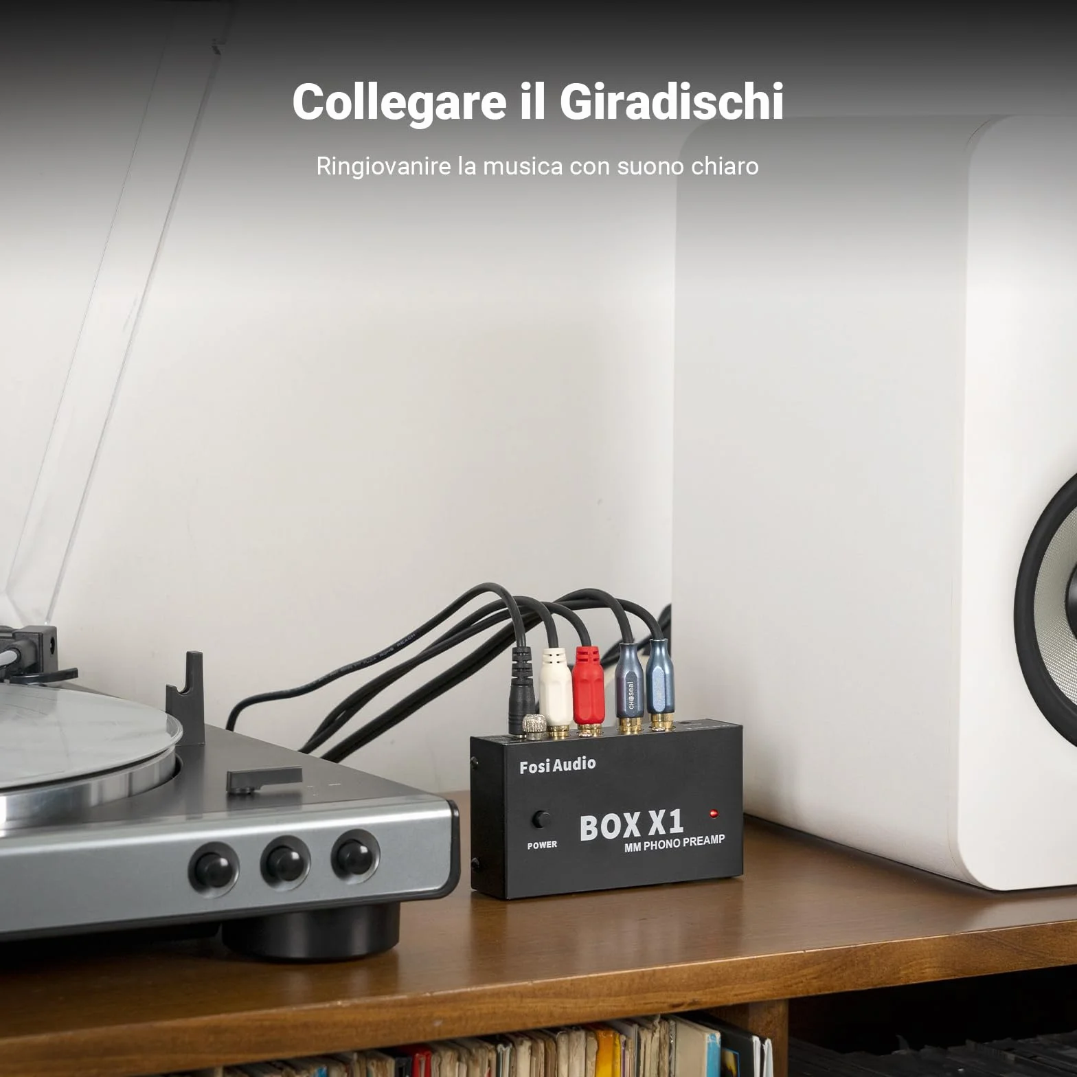 Fosi Audio BOX X1 Preamplificatore Phono MM, Mini Giradischi Hifi con Uscita Cuffia 3.5mm RCA/TRS, Alimentazione 12V