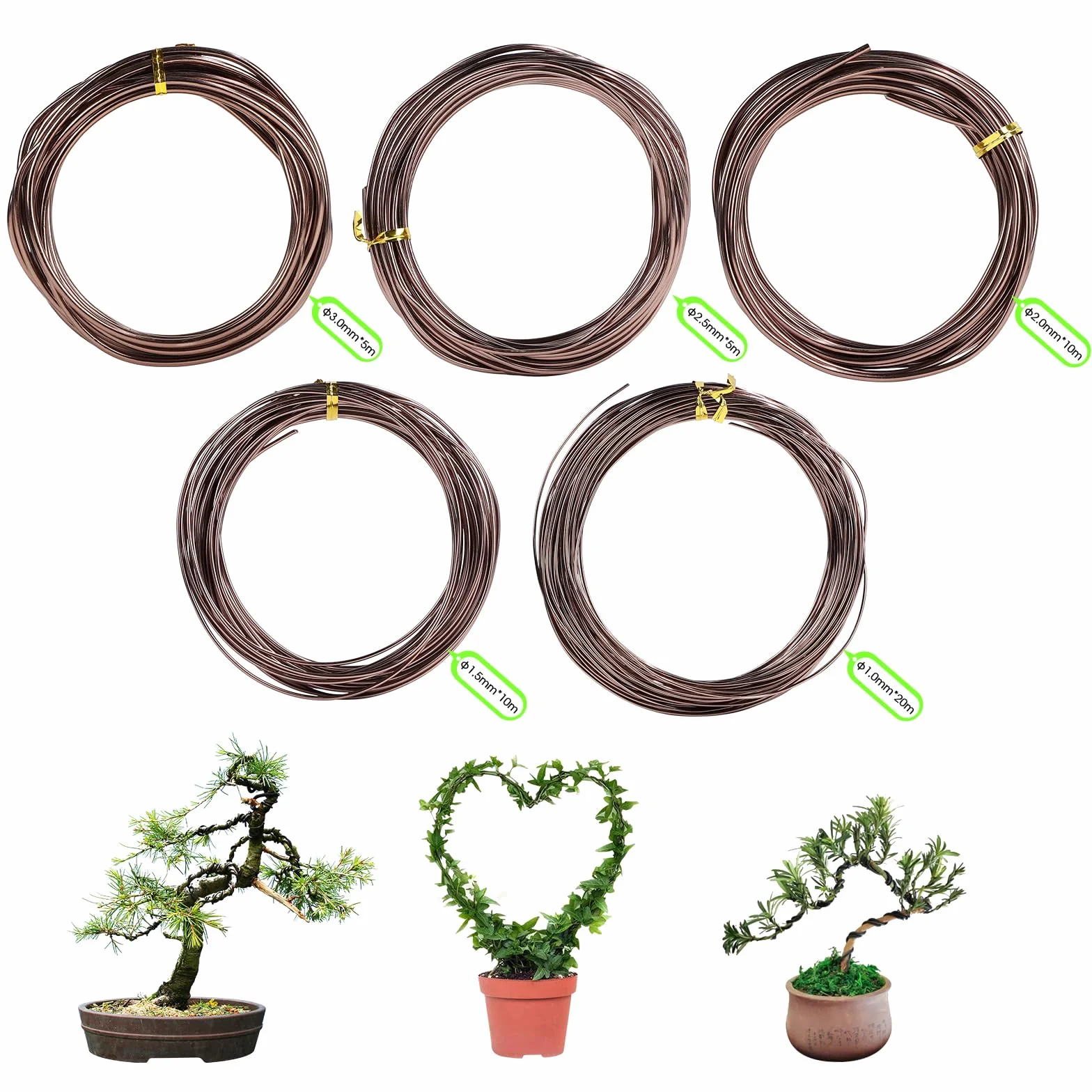 Filo per bonsai, in alluminio, per bonsai, per il fissaggio di piante, filo bonsai in alluminio anodizzato, 5 rotoli da 5 misure (1/1,5/2/2,5/3 mm), per un totale di 164 piedi