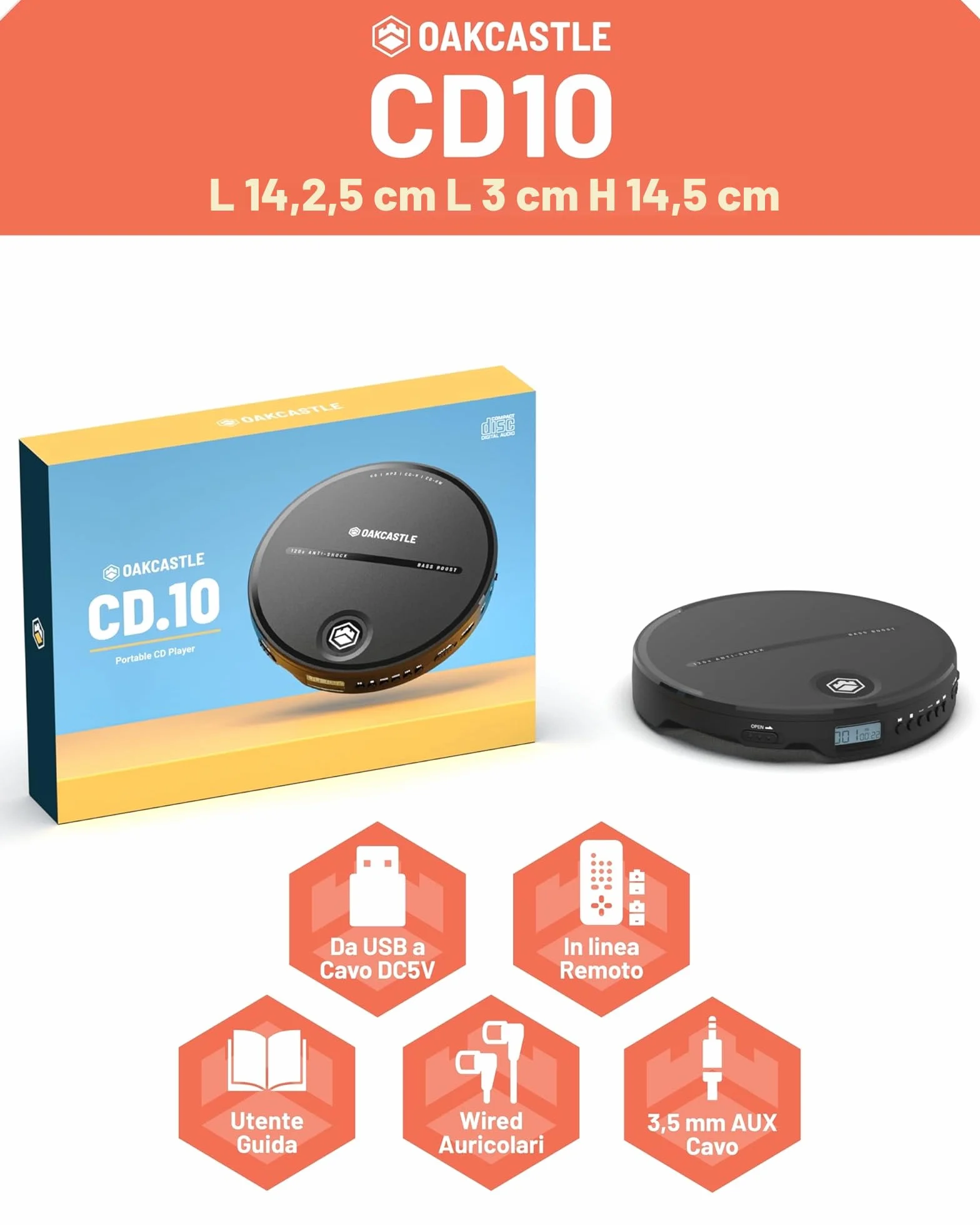 Oakcastle CD10 Lettore CD Portatile con Cuffie, CD CDR CDRW MP3, Anti-Skip ESP, Bass Boost, Autonomia 7 Ore
