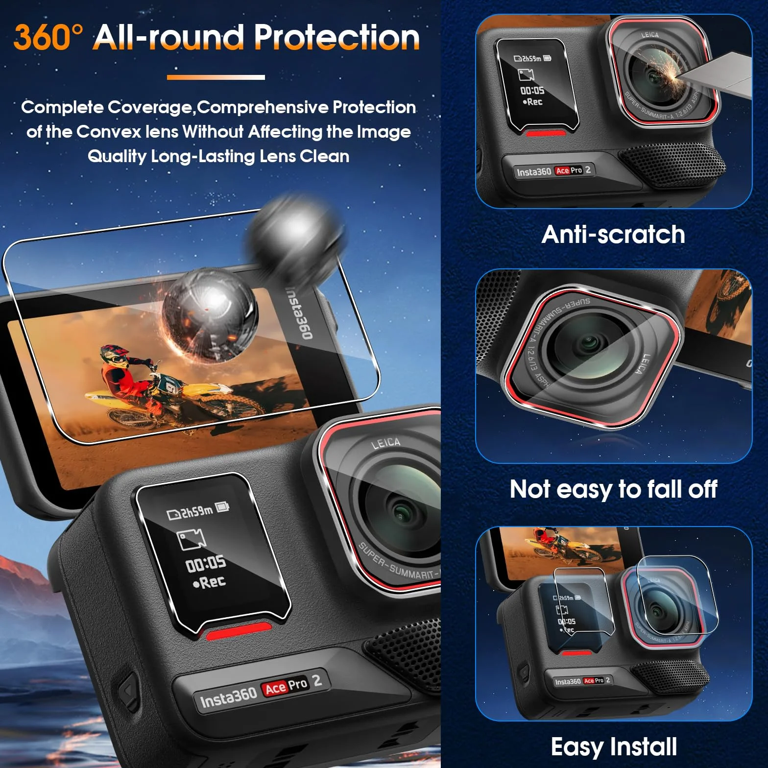 Pellicola Protettiva Insta360 Ace Pro 2, Schermo Vetro Temperato, Protezione Lente Fotocamera 2+2+2 Pezzi, HD Chiaro Anti Graffio