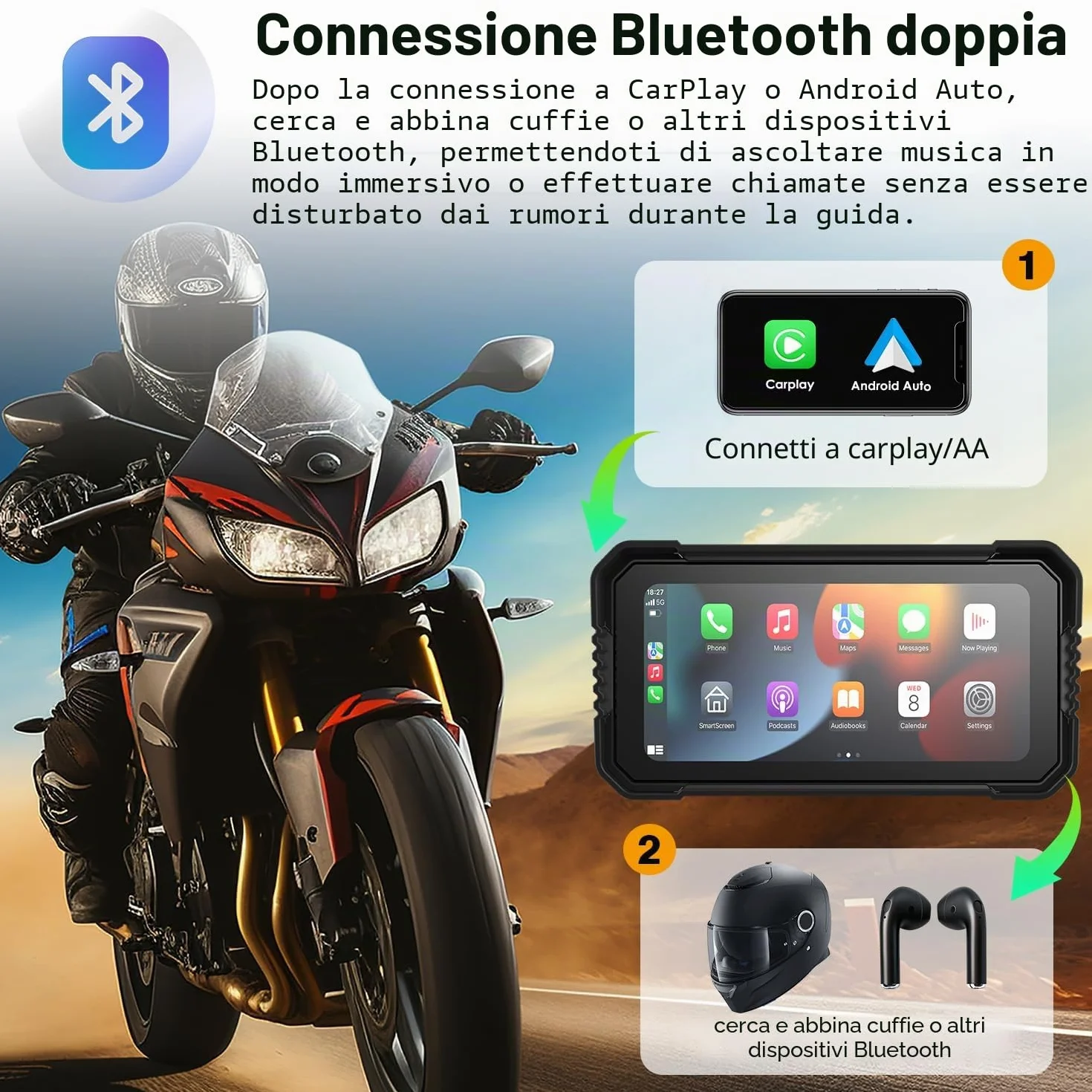 Wireless CarPlay Android Auto Schermo Moto 6,25 Pollici Touchscreen IP67 GPS Dual Bluetooth Telecomando