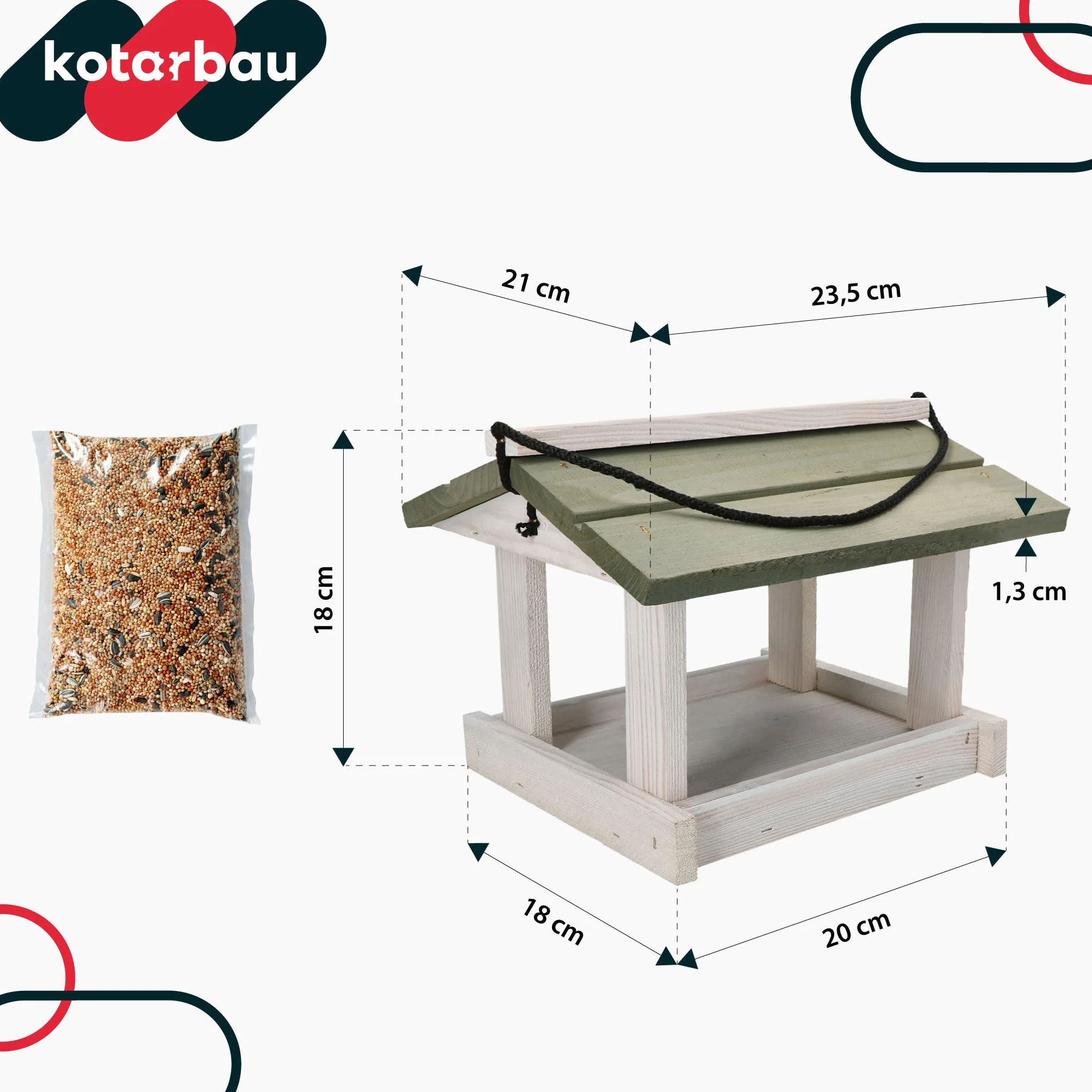 KOTARBAU Mangiatoia Uccelli da Esterno Legno 23.5x21x18 cm Bianco Grigio Casetta Uccellini Selvatici Decorazione Giardino