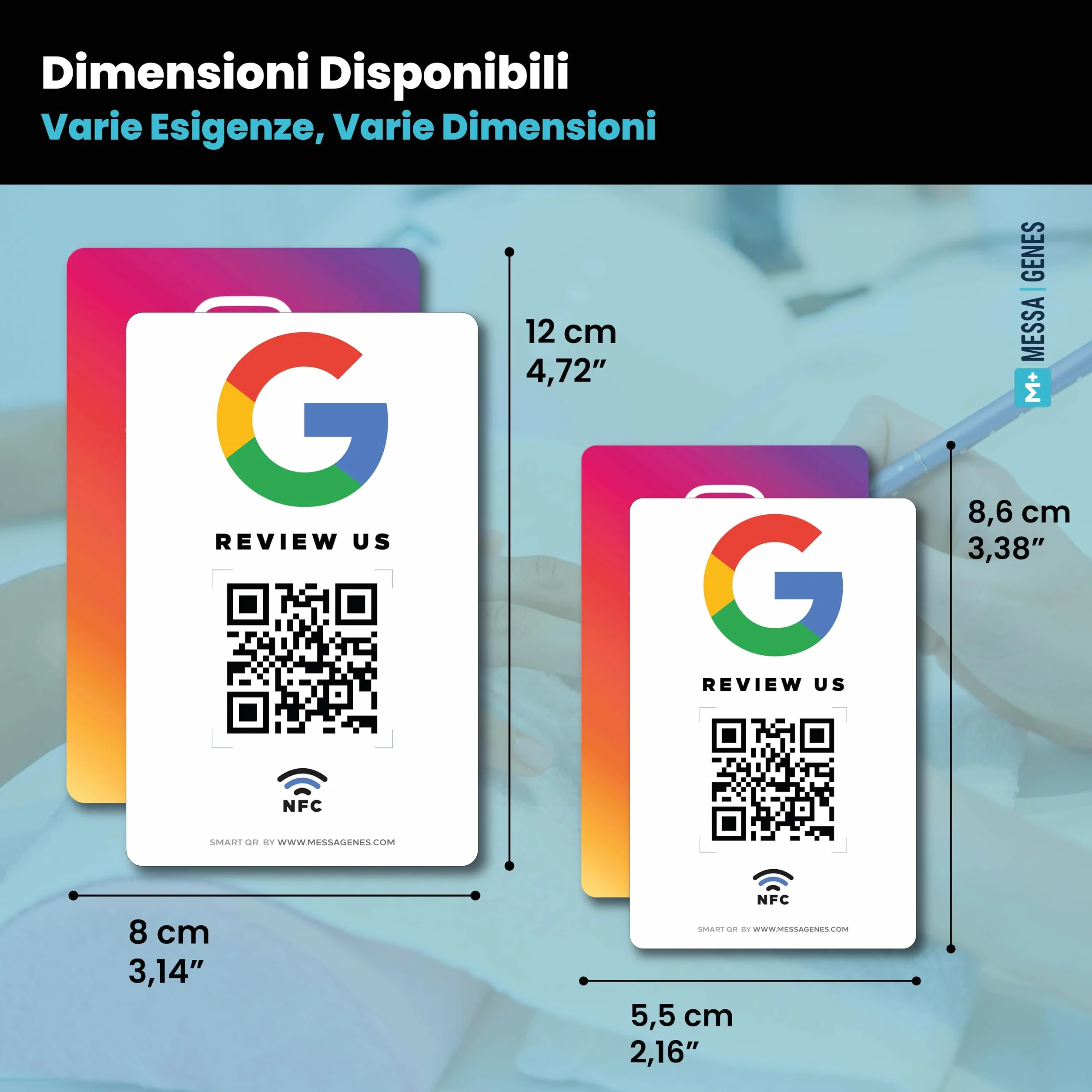 Carta Riutilizzabile per Recensioni Google con QR & NFC Toccabile - Pack 2 - iPhone & Android - Configura a Casa | MESSAGENES