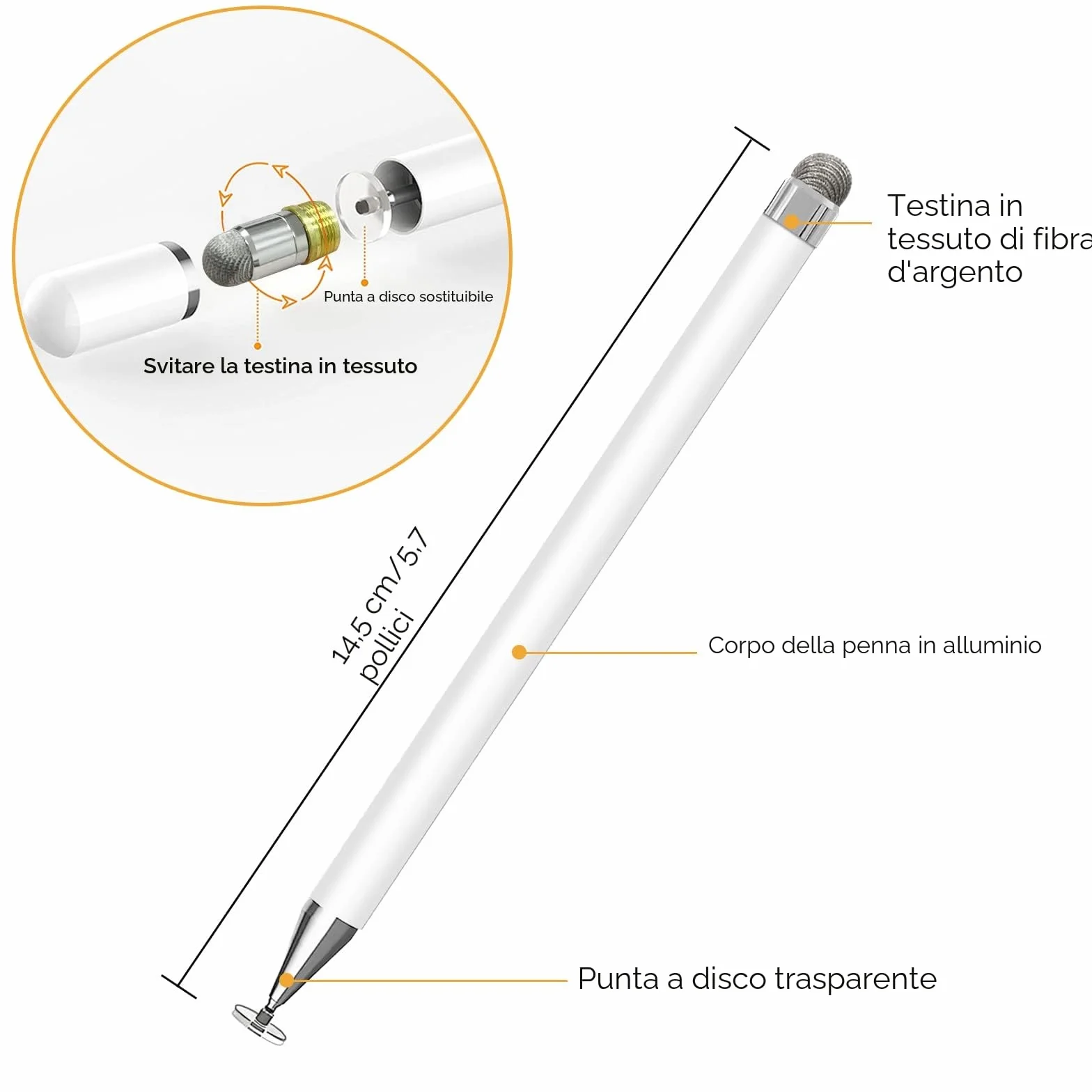 Pennini capacitivi per touch screen, punta a disco, universale, bianco