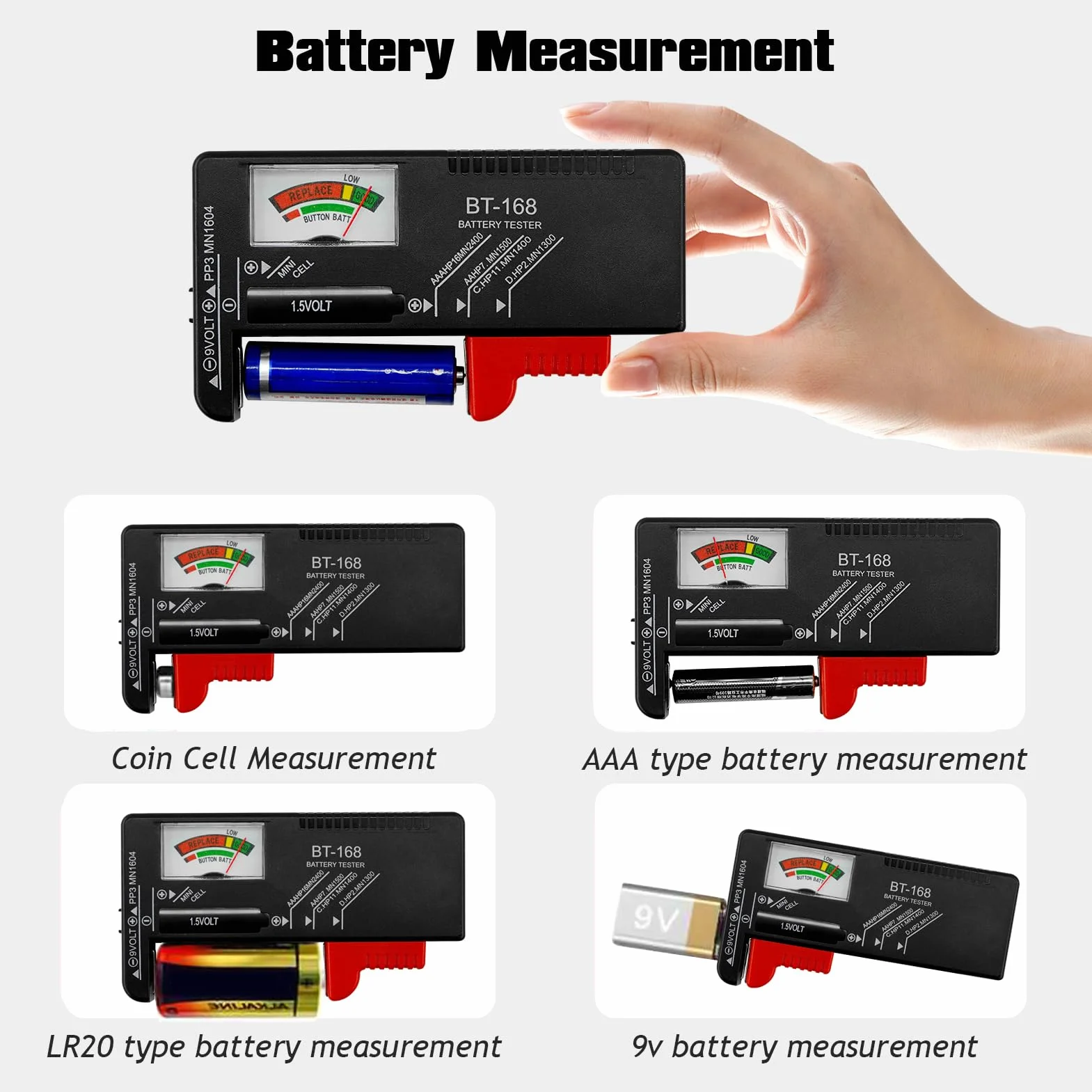 Set di 2 Tester Batteria Universale per Batterie AA AAA C D 9V 1.5V e a Bottone Nero