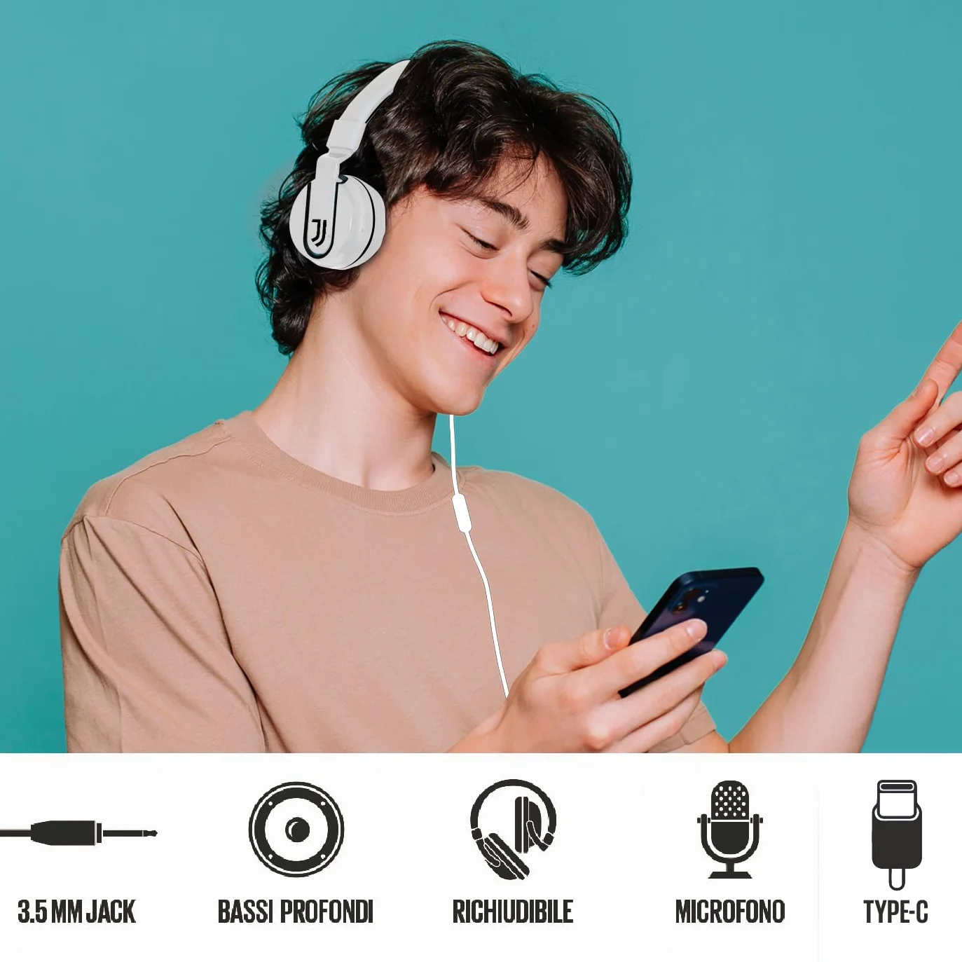 Juventus Football Cuffia On-Ear z mikrofonem, kabel aux, biało-czarna, adapter USB-C