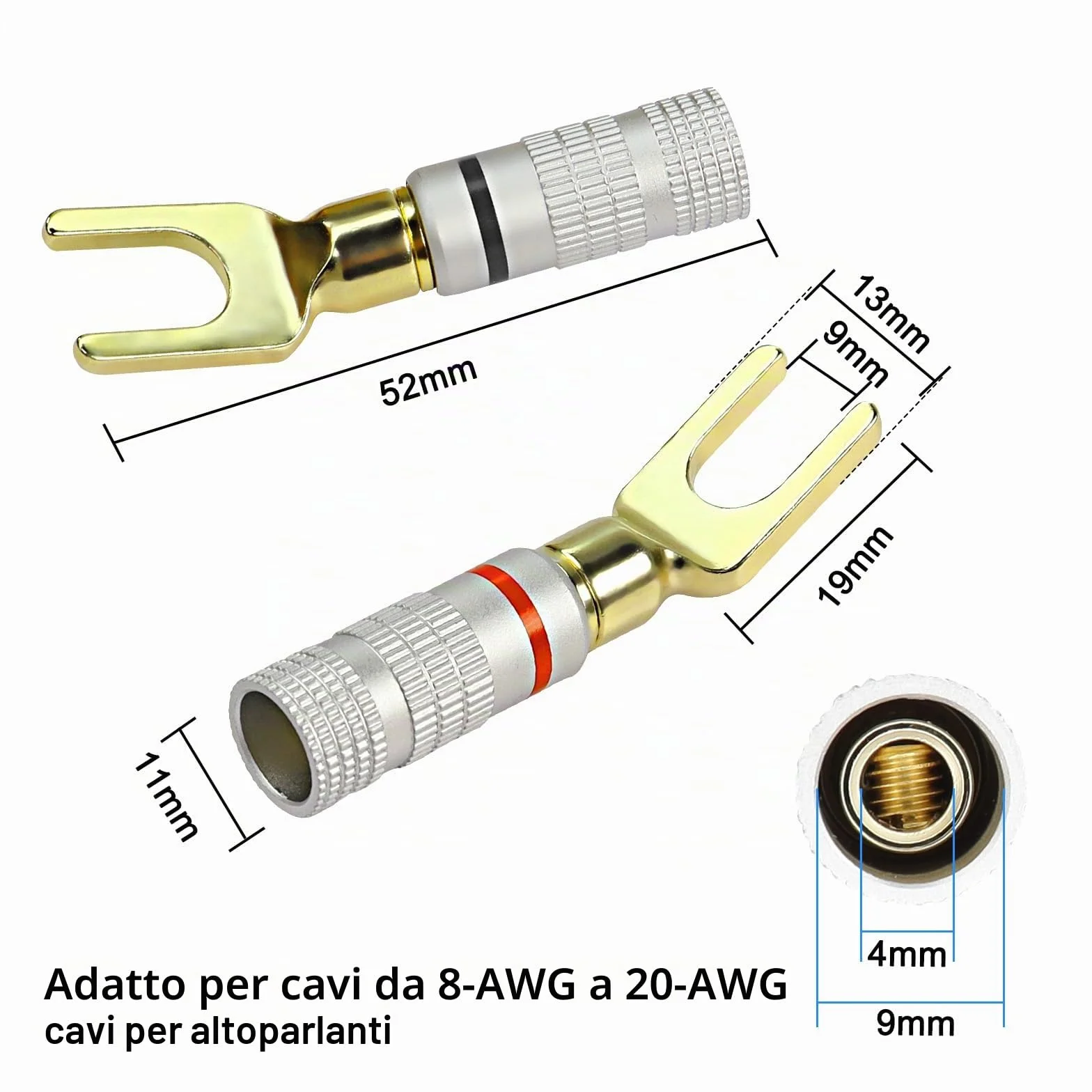 Connettore a forcella Y per altoparlante 24K placcato oro Spinotto 45 gradi per cavo microfono