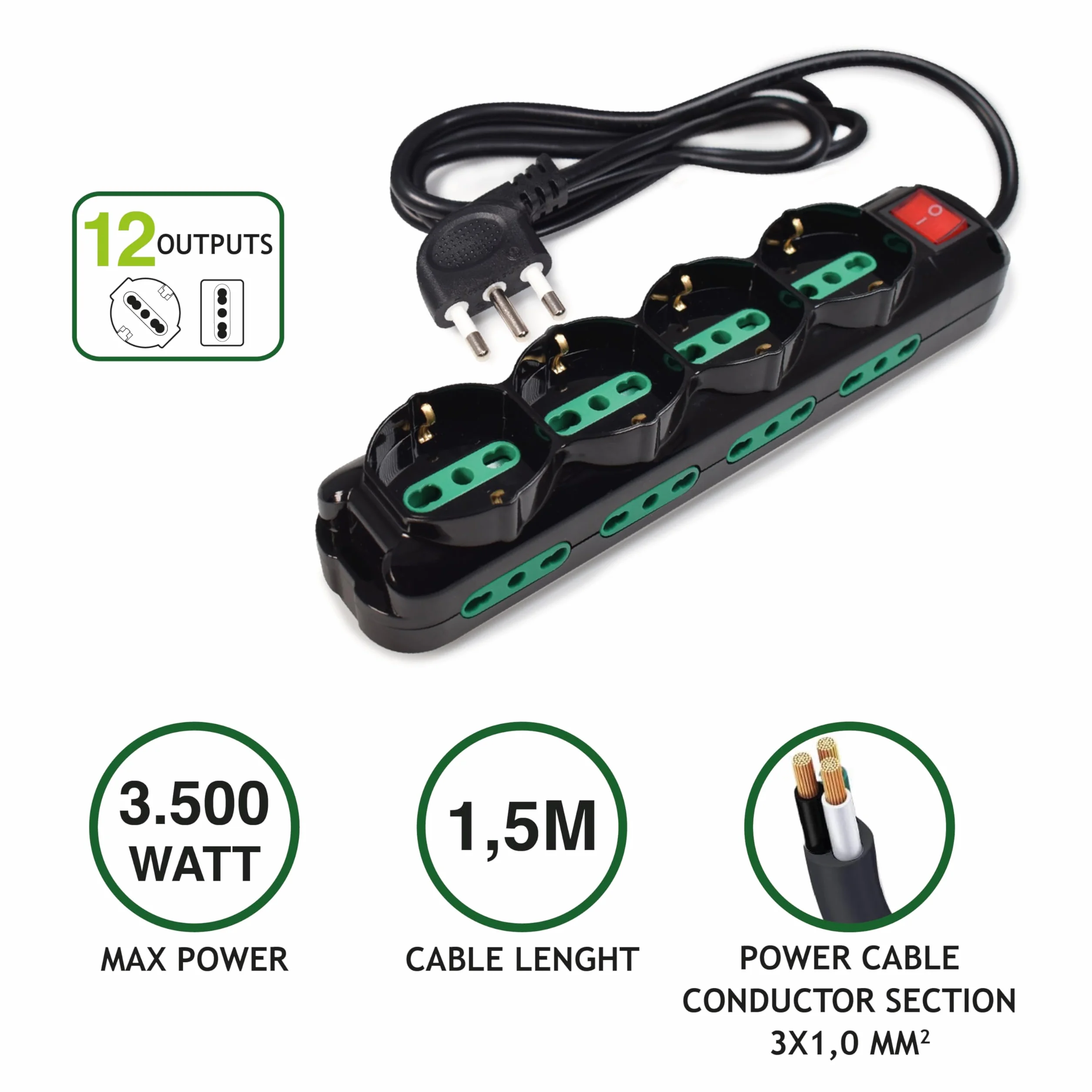 Tecnoware Multipresa Power Cleaner 12 4 Uscite Schuko Italia 8 Uscite 10/16A Cavo 1,5m Nero