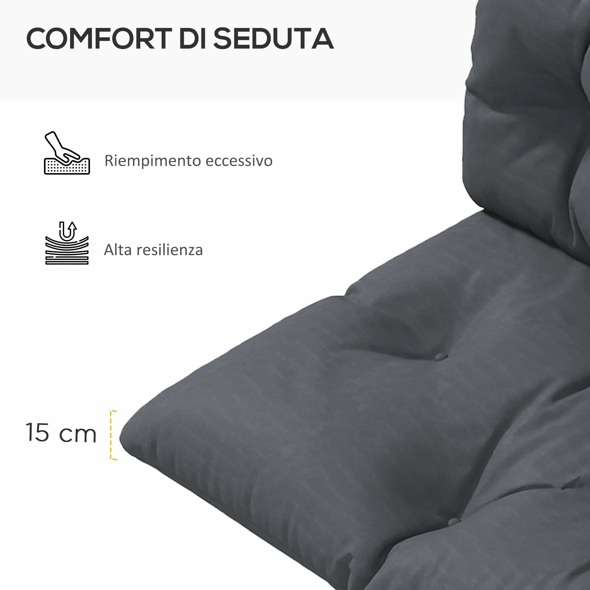 Outsunny Set 2 Pezzi Cuscini per Pallet per Schienale e Seduta con Imbottitura Spessa, Cuscini per Divano in Poliestere, per Interno ed Esterno, 120x60 cm, Grigio Carbone