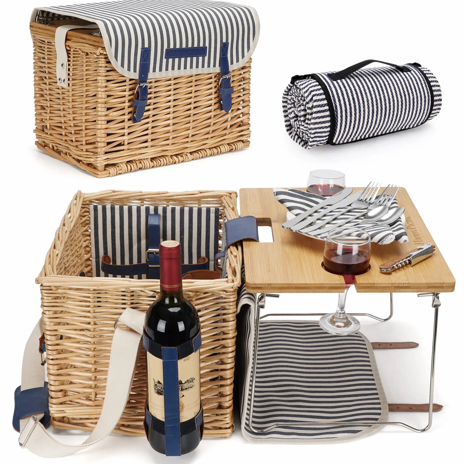 Cestino da picnic in vimini per 2 persone, set da picnic per 2, cestino regalo in salice con tavolo da vino in bambù con gambe in metallo per campeggio e feste all'aperto