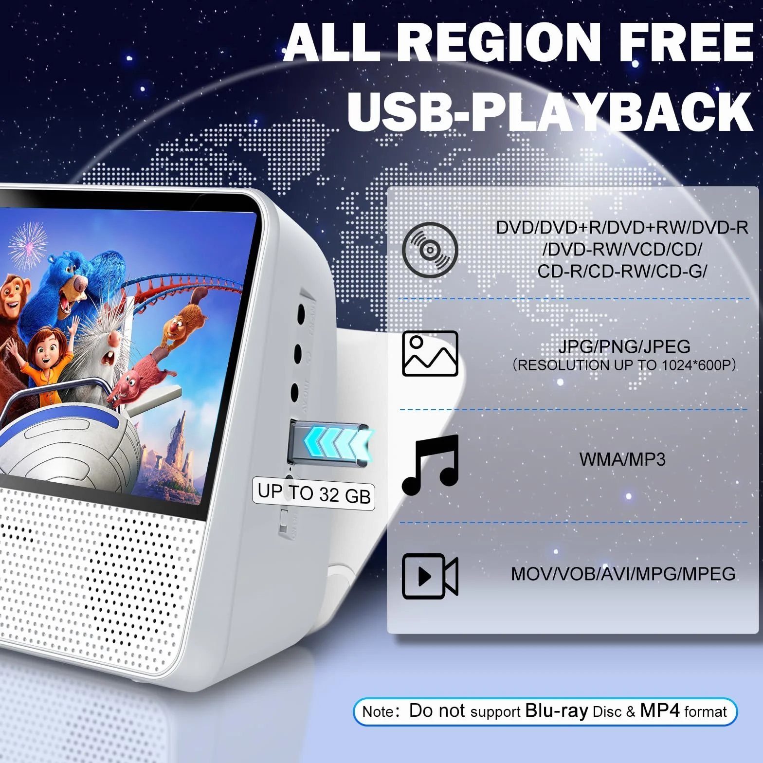 Lettore DVD Portatile Bluetooth 4000mAh Ricaricabile Region Free per Auto con Altoparlanti Integrati Doppi