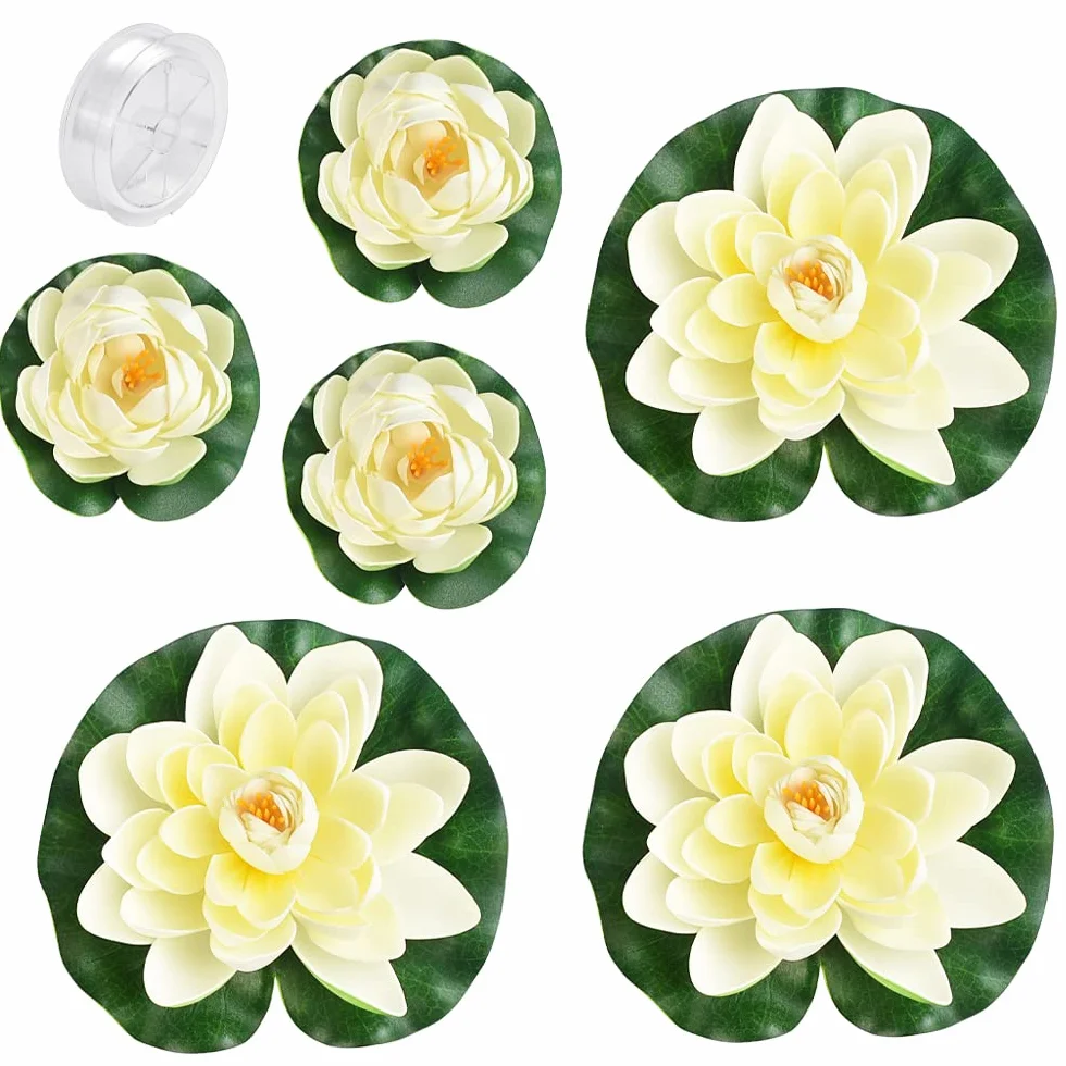 Set da 6 Ninfee Artificiali Galleggianti Fiori di Loto Finti Realistici 3 x 10cm e 3 x 18cm Decorazioni per Laghetti, Fontane, Acquari e Piscine, Resistenti agli Agenti Atmosferici (Beige)