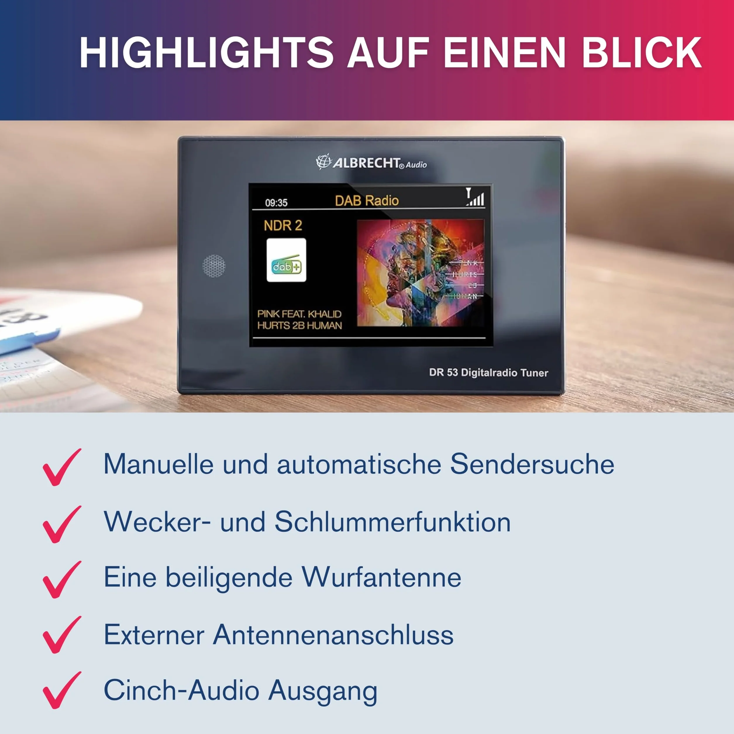 Albrecht DR 53 Sintonizzatore Radio Digitale DAB/DAB+ FM Bluetooth 4'' Display