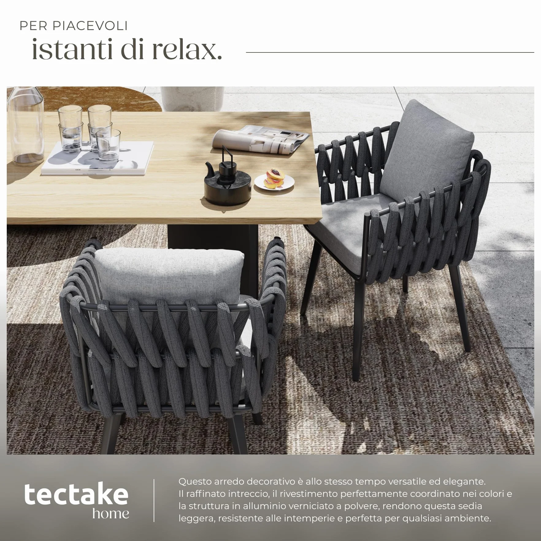 tectake® Set di 2 Sedie da Giardino, Design a Corda, Struttura in Alluminio, Cuscini Extra Spessi e Super Morbidi, Rivestimenti Idrorepellenti e Lavabili, Piedini Regolabili in Altezza - Antracite