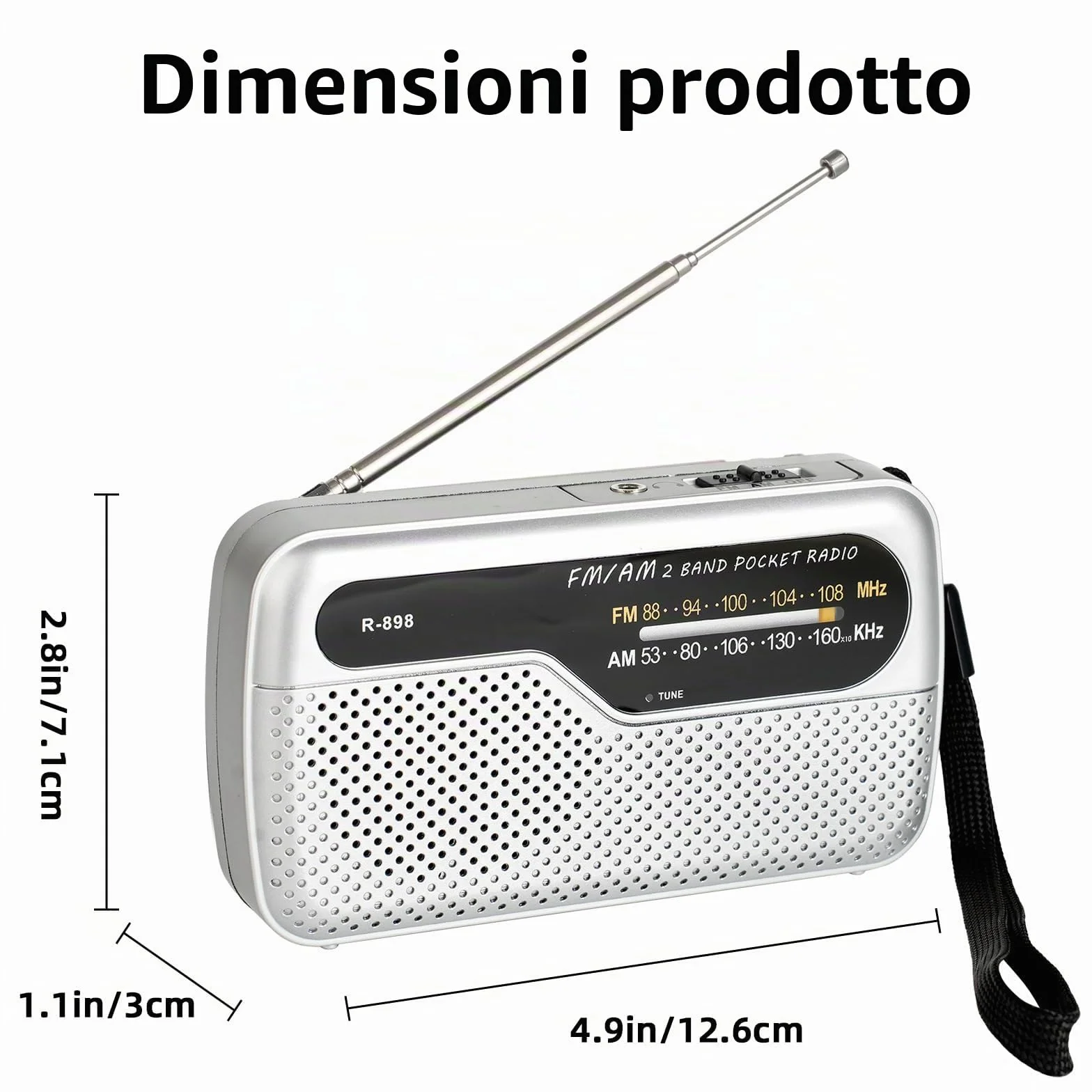 Radio portatile FM transistor con altoparlante potente, funziona con 2 batterie AA, argento