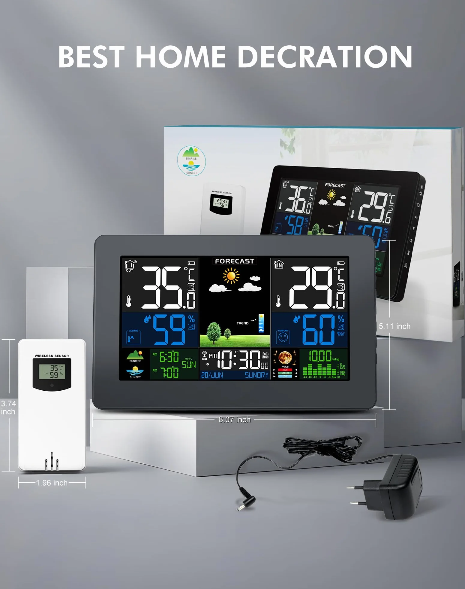 Stazione Meteo con Sensore Esterno, Barometro Digitale LCD Wireless DCF, Sveglia, Fase Lunare
