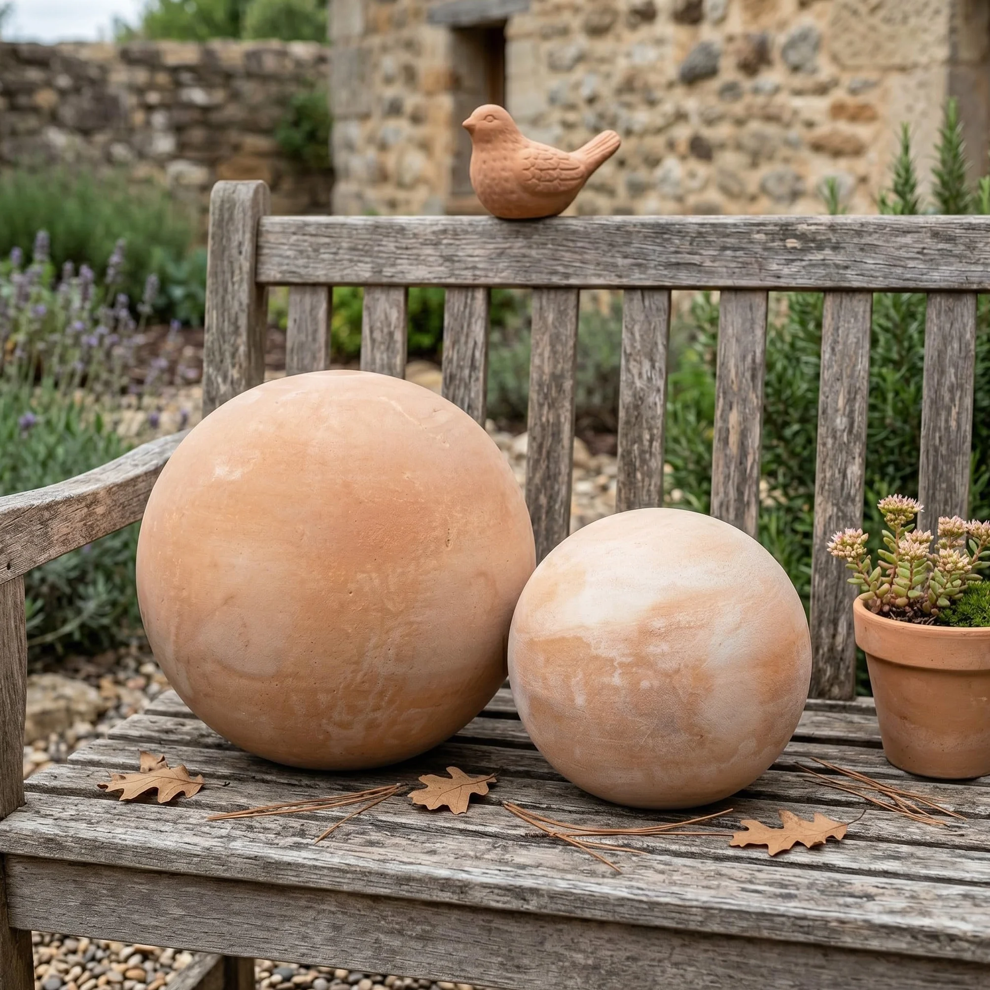 Sfera Decorativa da Giardino Set di 4 in Terracotta (10 cm, 15 cm, 20 cm e 30 cm) di Alta qualità Resistente al Gelo e alle intemperie. Ideale Come Decorazione da Giardino.