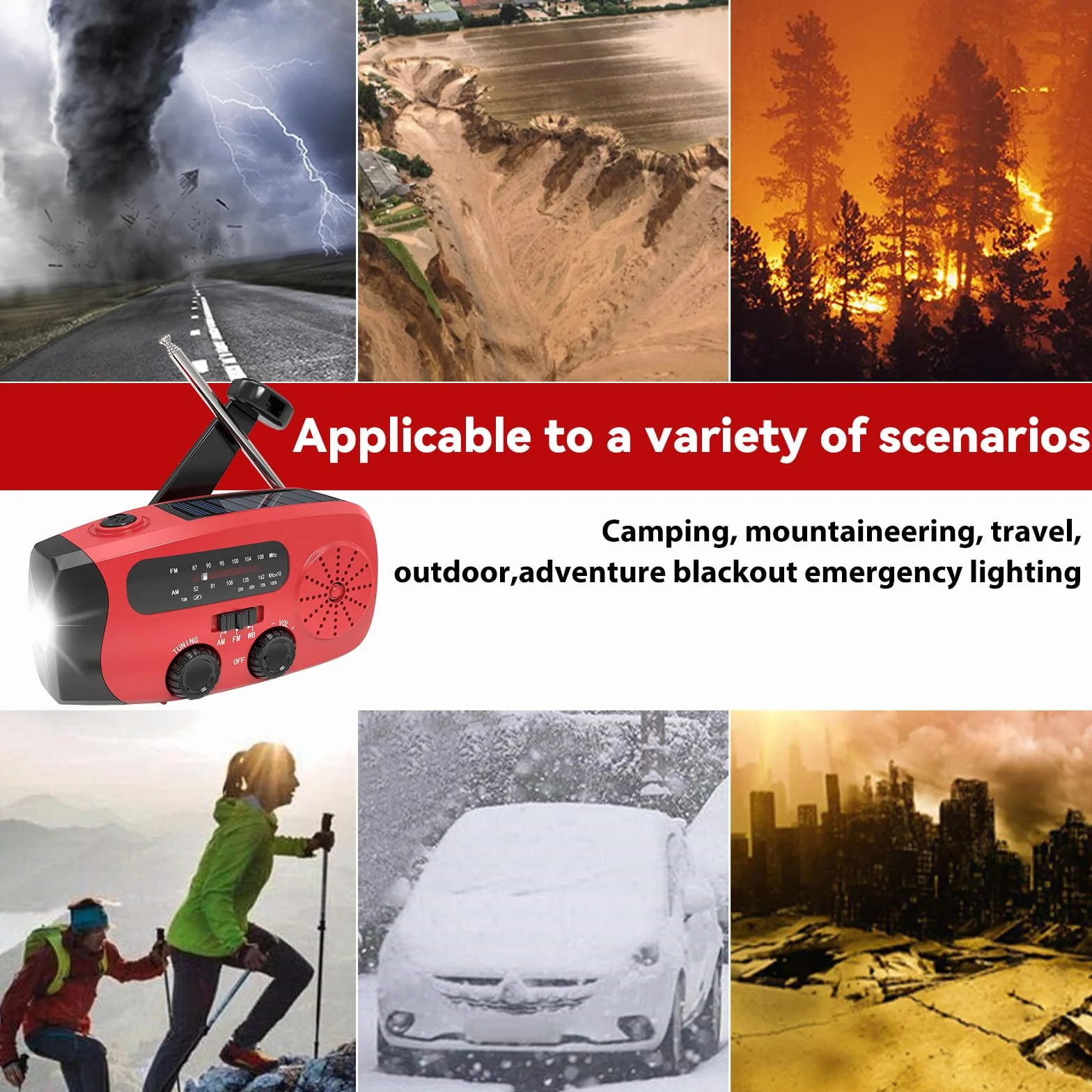 Radio d'emergenza a manovella solare multifunzione con torcia LED power bank SOS, 2000mAh IPX3 per campeggio sopravvivenza