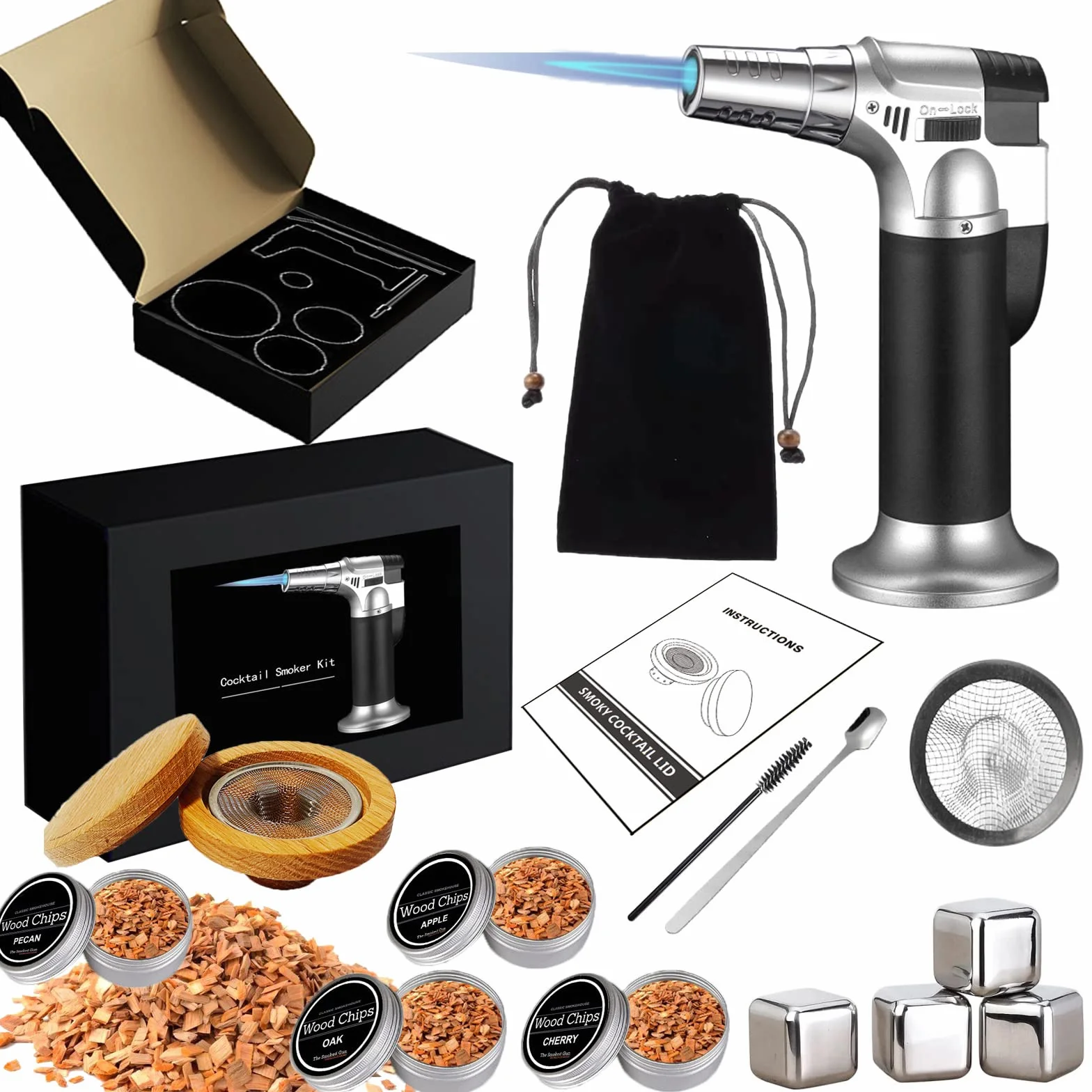 Affumicatore Cocktail, MKNZOME Kit Fumatore Cocktail con Torcia Kit Affumicatore Whisky con 4 Trucioli di Legno Compleanno Festa del Papà Regalo Fumatore per Padre, Marito, Ragazzo Amante