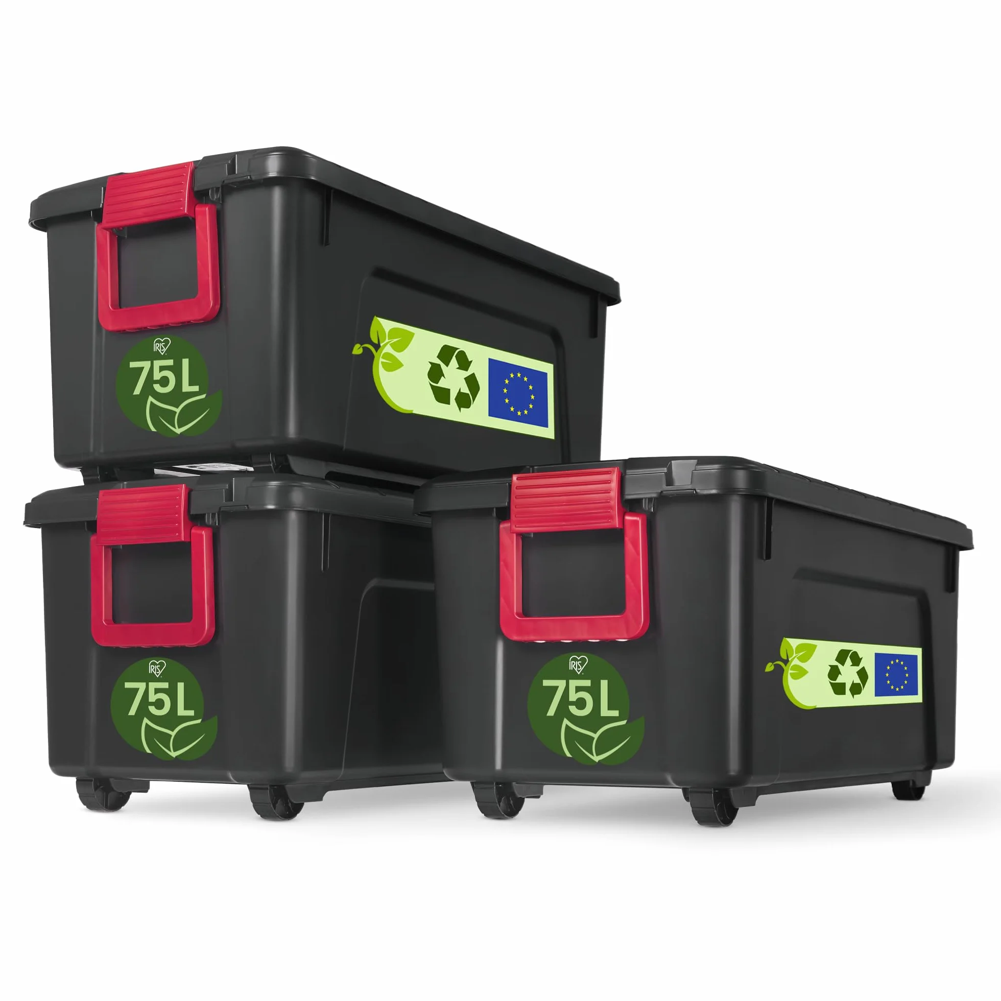 Iris Ohyama, Set di 3 scatole di immagazzinaggio, fai da te, 75 L, maniglia e ruote, mobile, garage, giardino - Store it All Box SIA-75 - Nero