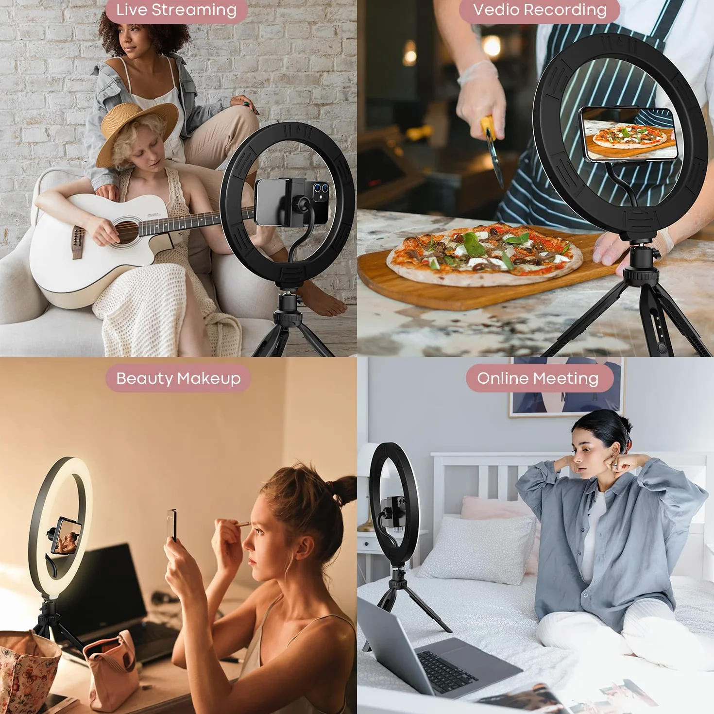 RealPlus 10" Selfie Ring Light, Luce ad Anello per Telefono, 120 LED, 3 Modalità di Illuminazione, Ricaricabile a Clip