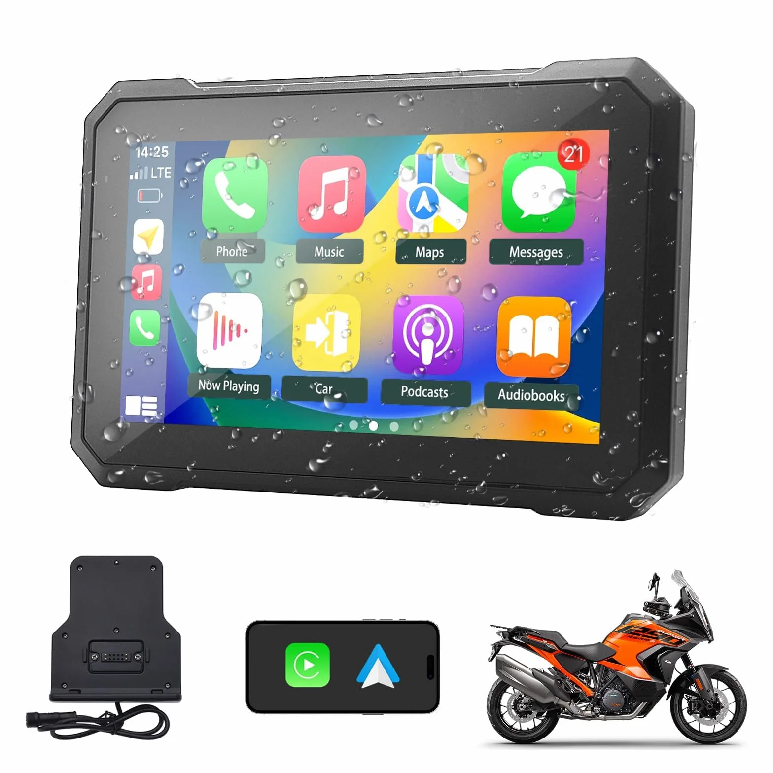 KAOLALI Senza Fili Schermo Carplay per Moto 7 Pollice IPS Touchscreen Portatile Impermeabile IPX7 Navigazione GPS