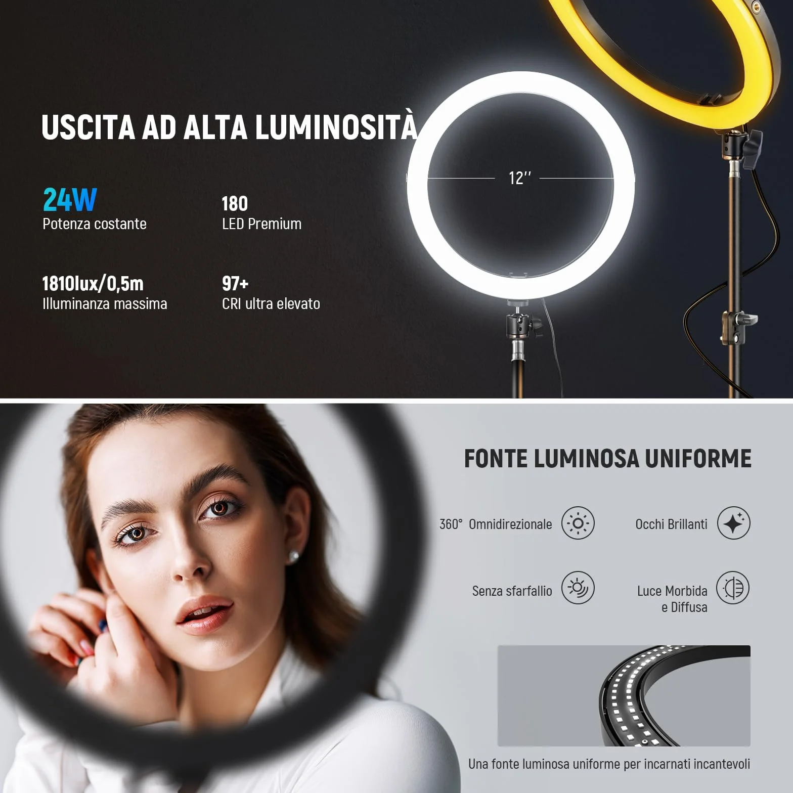 NEEWER LED Ring Light 24W 30cm z Treppiedem, Bicolore 2900-7000K, PD USB C, CRI97+, 1810lux/0,5m, RH12B K2