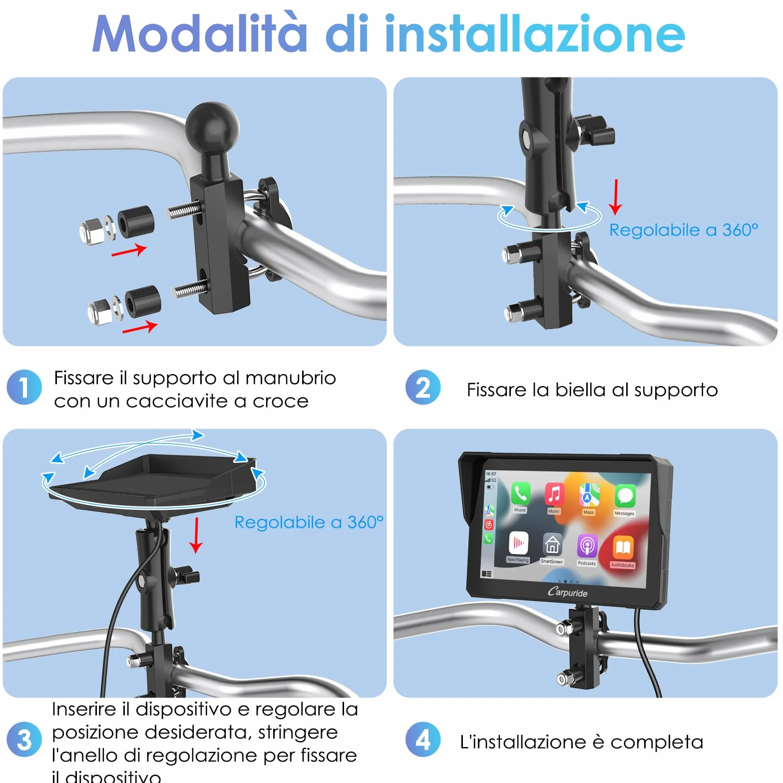 Carpuride W702 Schermo CarPlay Moto 7" Touchscreen Impermeabile GPS Bluetooth