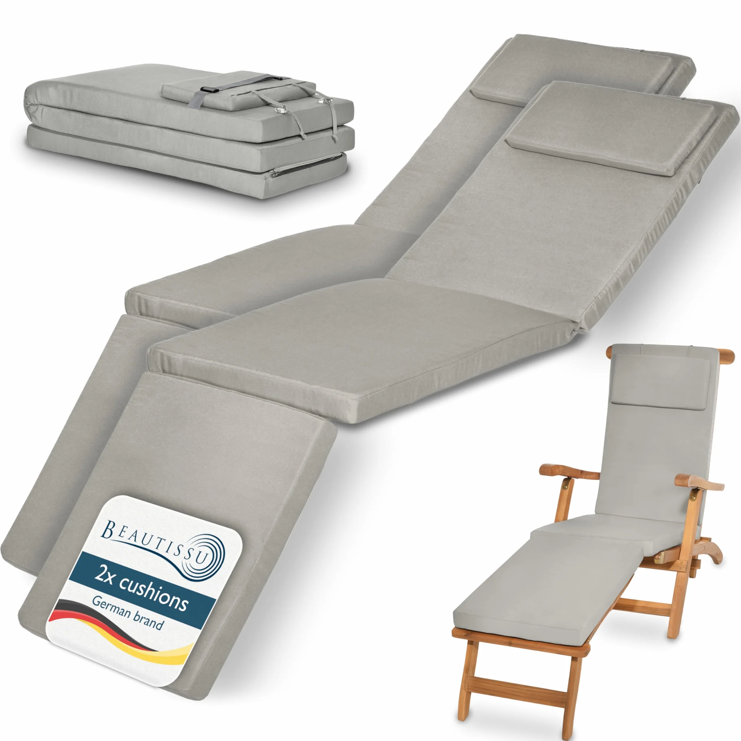 Beautissu 2x Cuscino per Sdraio da Esterno 175x45x5 cm LoftLux DC – Cuscini Imbottito da Giardino o Mare sfoderabile per Sedie Poltrone Giardino – Grigio Chiaro