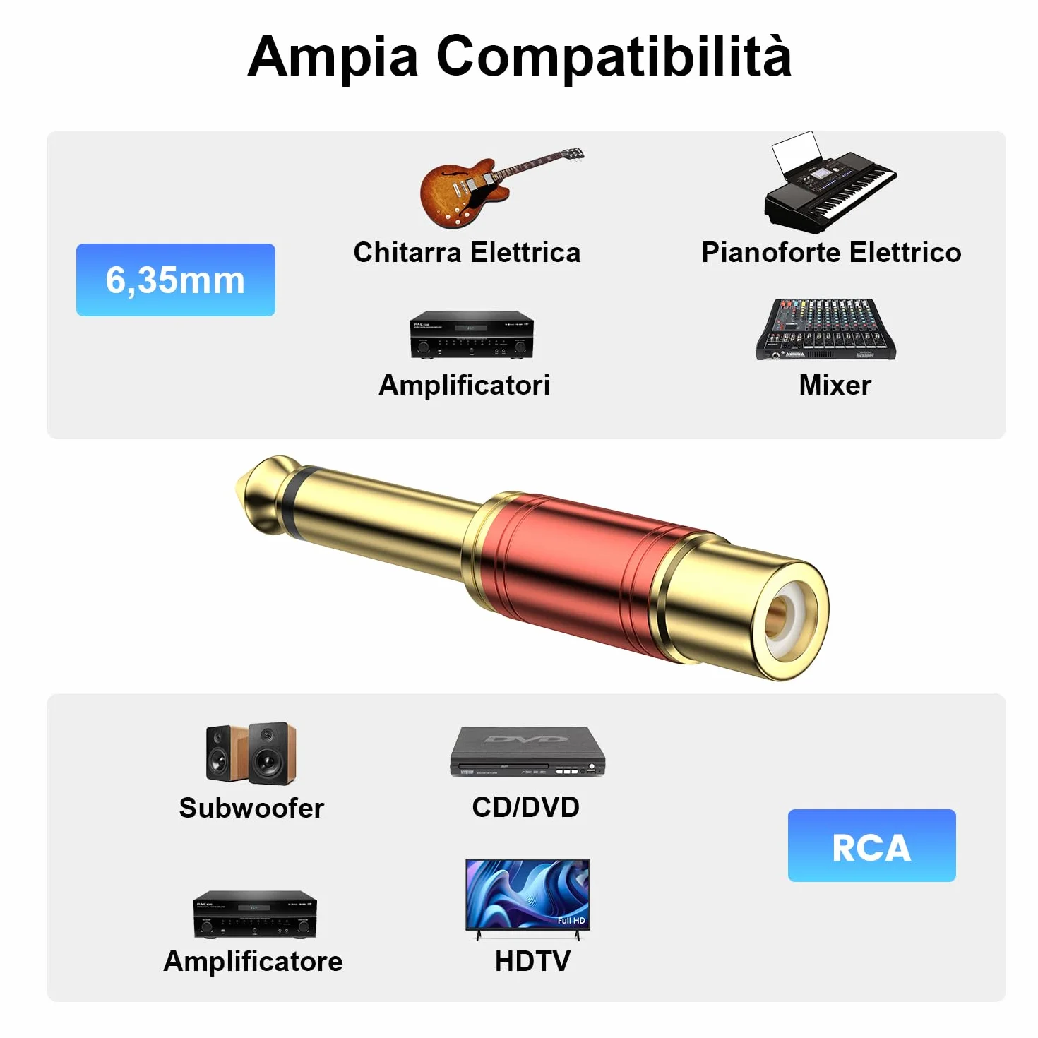 Adattatore Audio RCA a Jack 6,35mm 2 Pezzi - 6,3mm 1/4'' TS Maschio a RCA Femmina (Mono, 24K Dorati, Rosso)