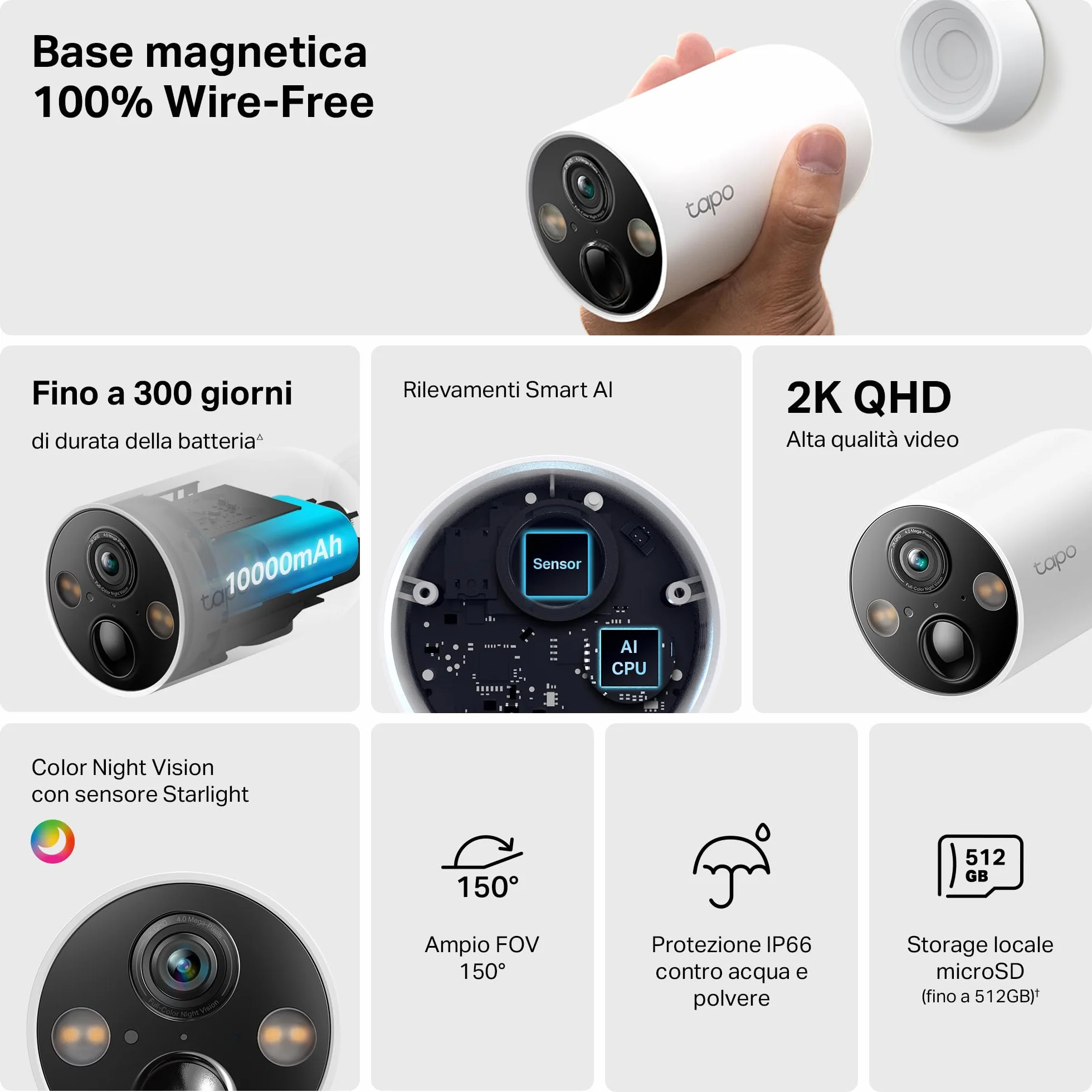 Tapo C425 Telecamera WiFi Esterno 2K 4MP Base Magnetica Batteria 10000mAh Allarme Movimento IP66 Audio Bidirezionale Visione Notturna Colori