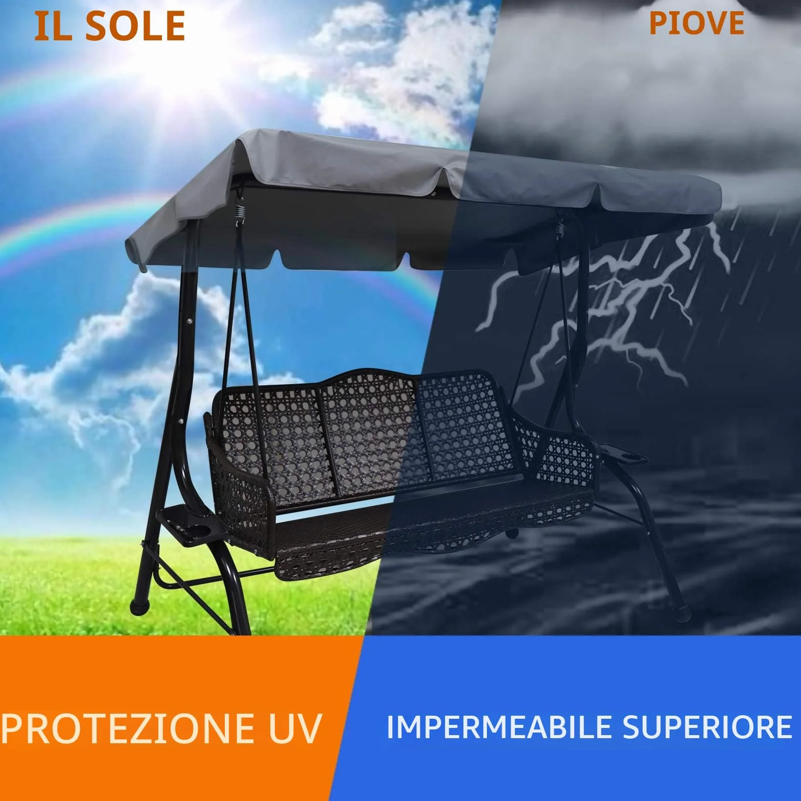 Tetto di ricambio universale per dondolo da giardino a 3 posti, rivestimento di ricambio per tettuccio parasole, altalena (large, grigio) (Grigio, L)