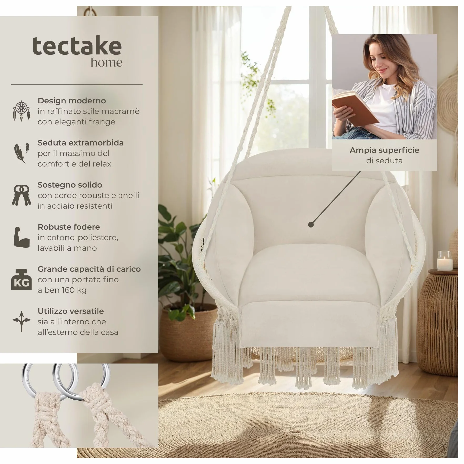 tectake Poltrona sospesa Samira Sedia a Dondolo Sospesa Beige Interno Esterno