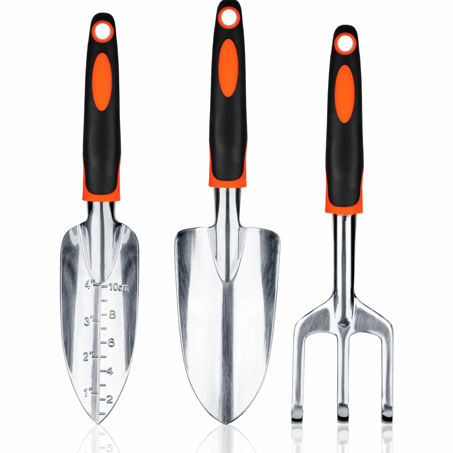 Bamworld Set di 3 Attrezzi da Giardino Resistente, Kit Giardinaggio in Lega di Alluminio con Impugnatura Ergonomica, Include Pala, Trapiantatore e Rastrello per Piantumazione e Prato, Arancione