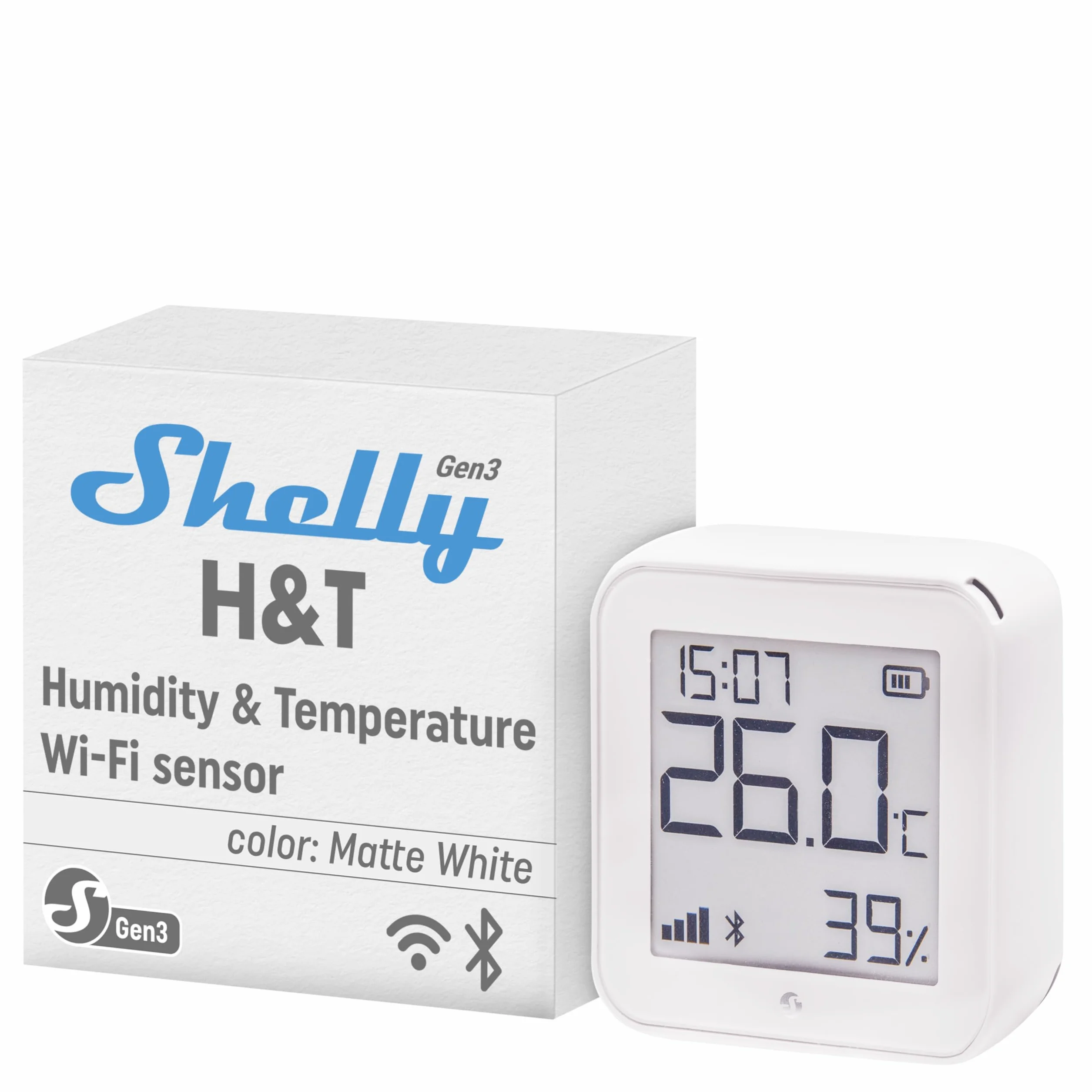 Shelly H&T Gen3 Bianco, Sensore Smart Wi-Fi di Temperatura e Umidità, Controllo e Monitoraggio da Remoto, Scene Intelligenti Termometro e Igrometro, Nessun Hub Richiesto, Alexa & Google Home