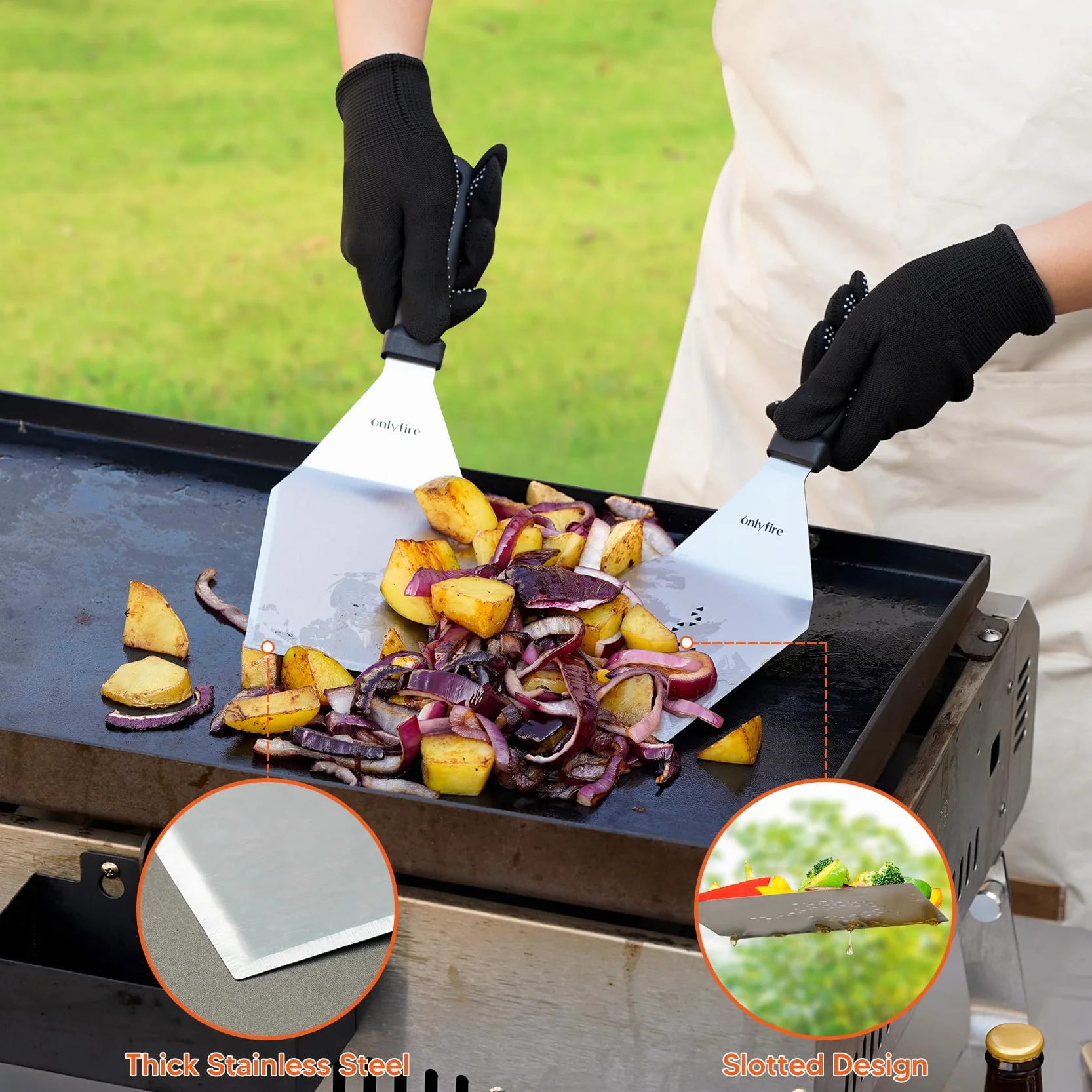 onlyfire Set di spatole professionali per barbecue, spatola per piastra in acciaio inox, spatola perforata e raschietto per griglia, kit per hamburger per grigliare, cucinare e pulire