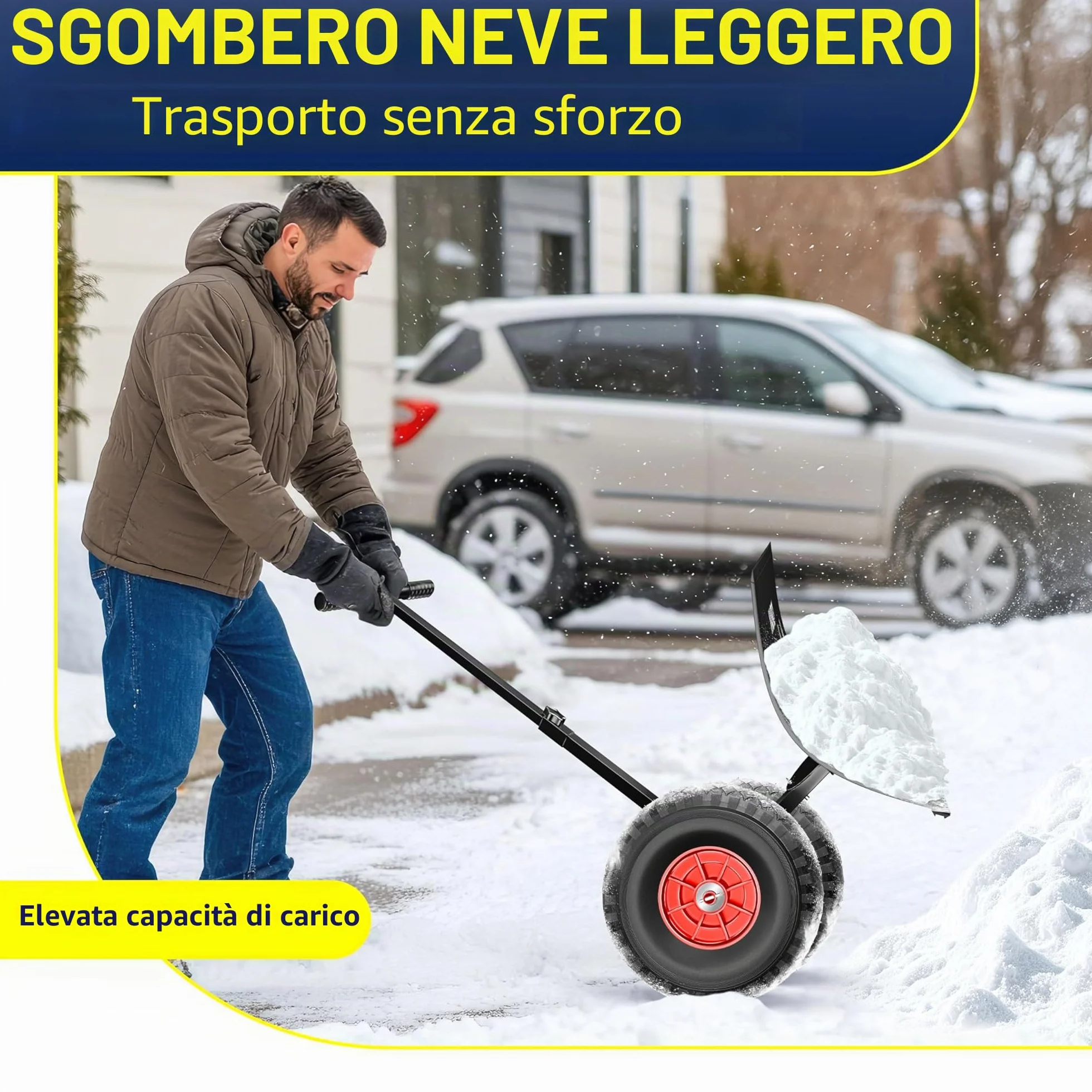MASKO® Pala da neve su ruote regolabile in altezza – 5 posizioni regolabili in altezza, che non danneggia la schiena, 75 cm, larghezza di lavoro 42 cm